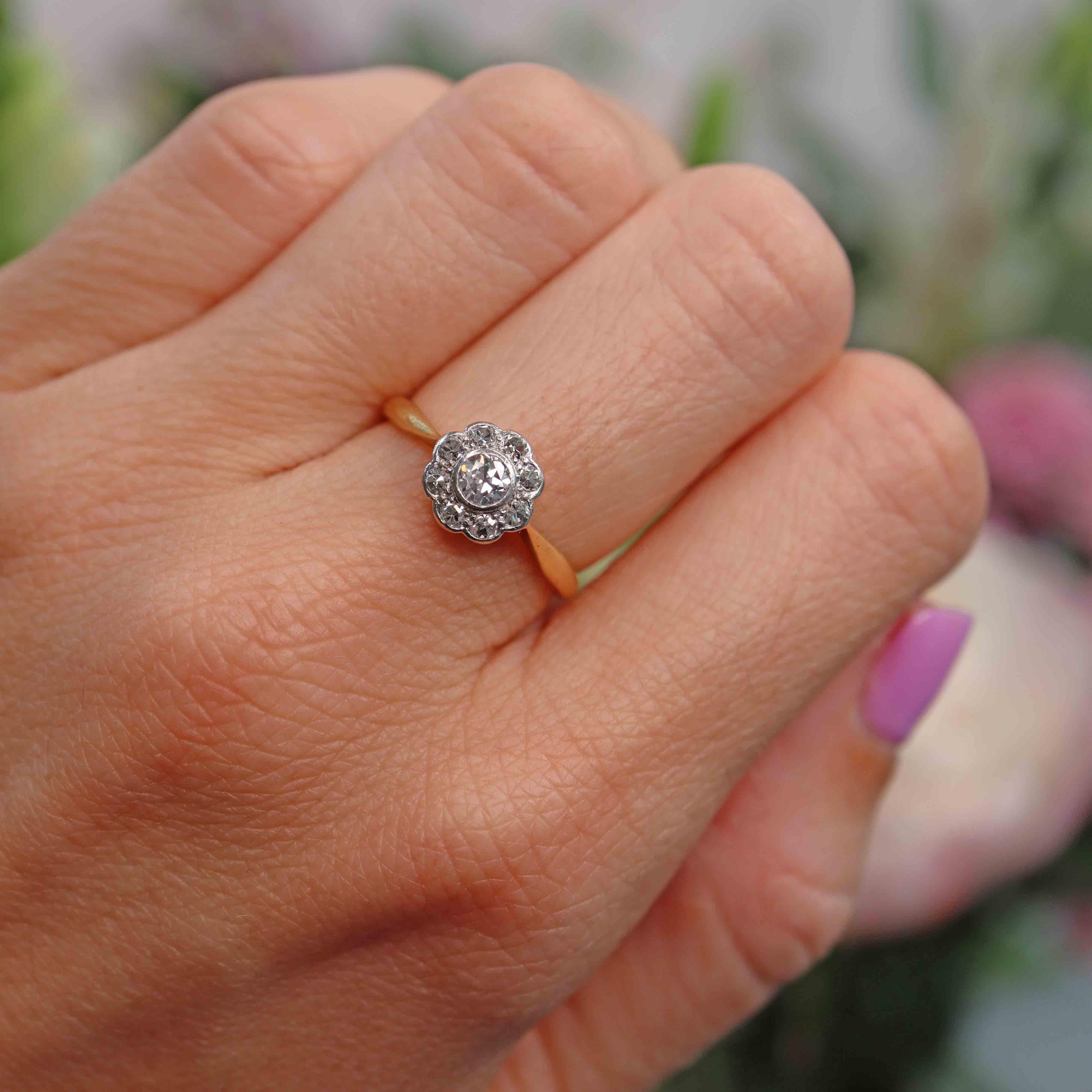 Ellibelle Jewellery Art Deco Diamond 18ct Gold Platinum Daisy Cluster Ring (0.45cts)