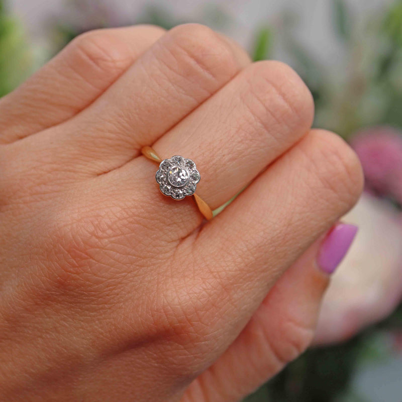 Ellibelle Jewellery Art Deco Diamond 18ct Gold Platinum Daisy Cluster Ring (0.45cts)