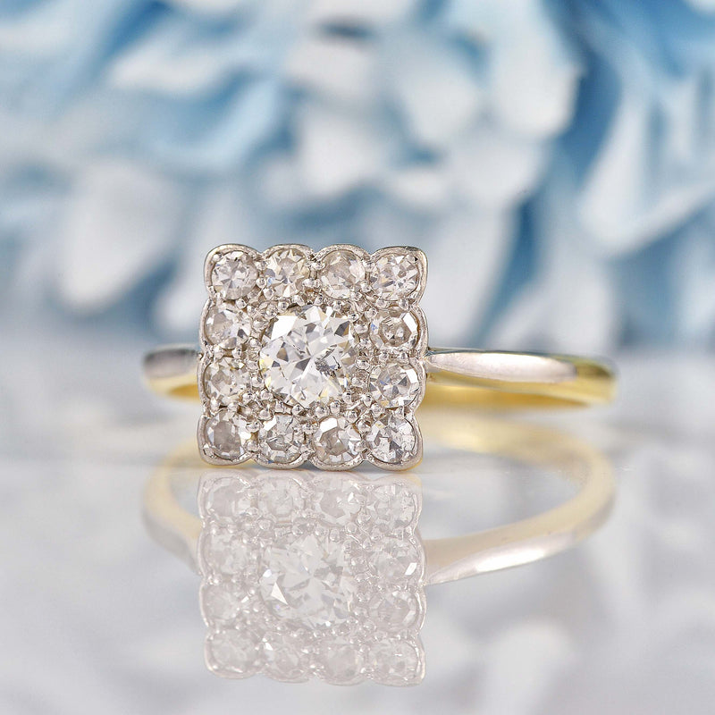 Ellibelle Jewellery Art Deco Diamond 18ct Gold & Platinum Square Cluster Ring (0.60cts)