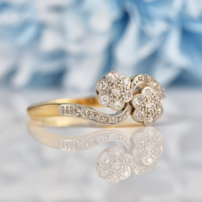 Ellibelle Jewellery Art Deco Diamond Gold & Platinum Double Daisy Cluster Ring