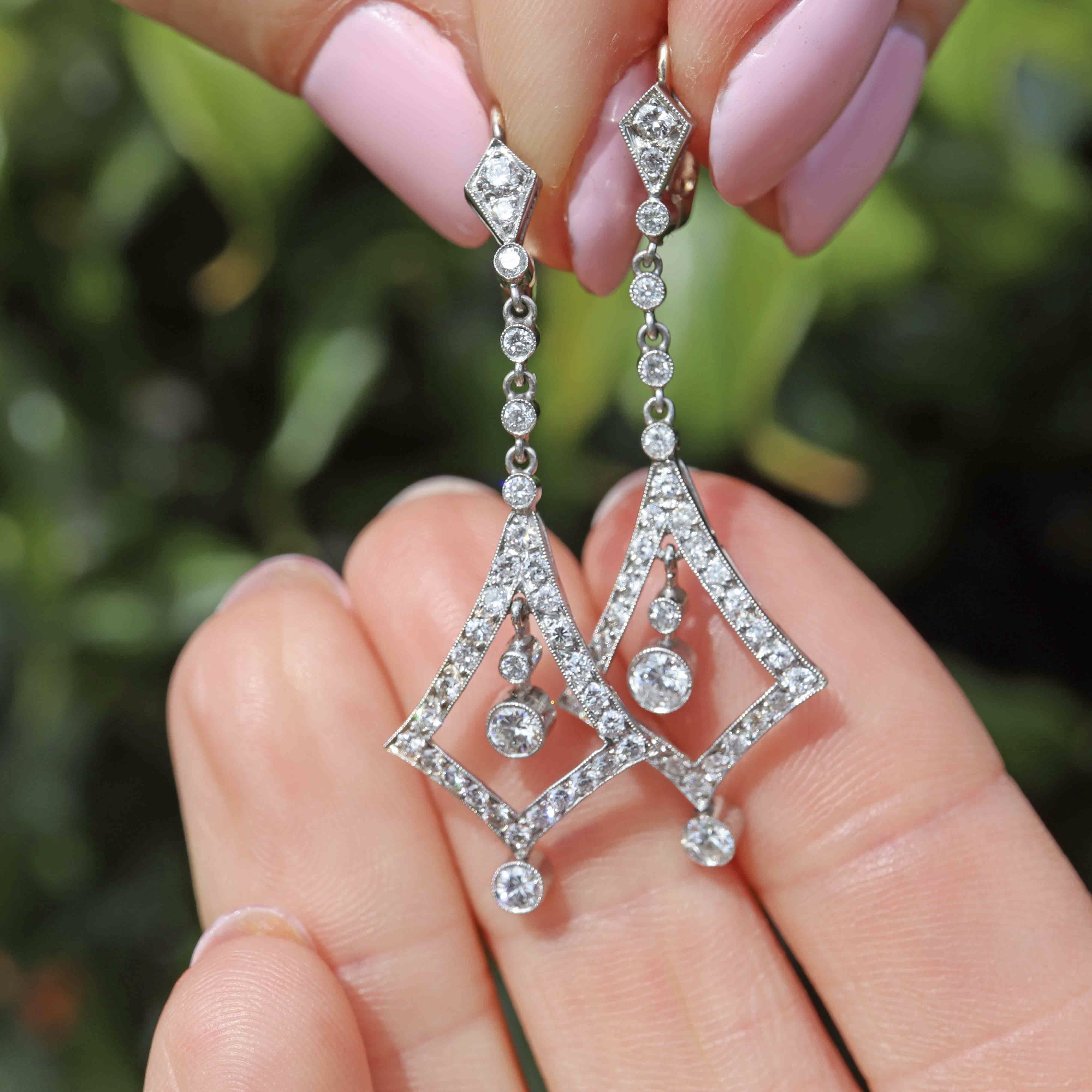 Ellibelle Jewellery Art Deco Diamond Platinum Drop Earrings (1.28cts)