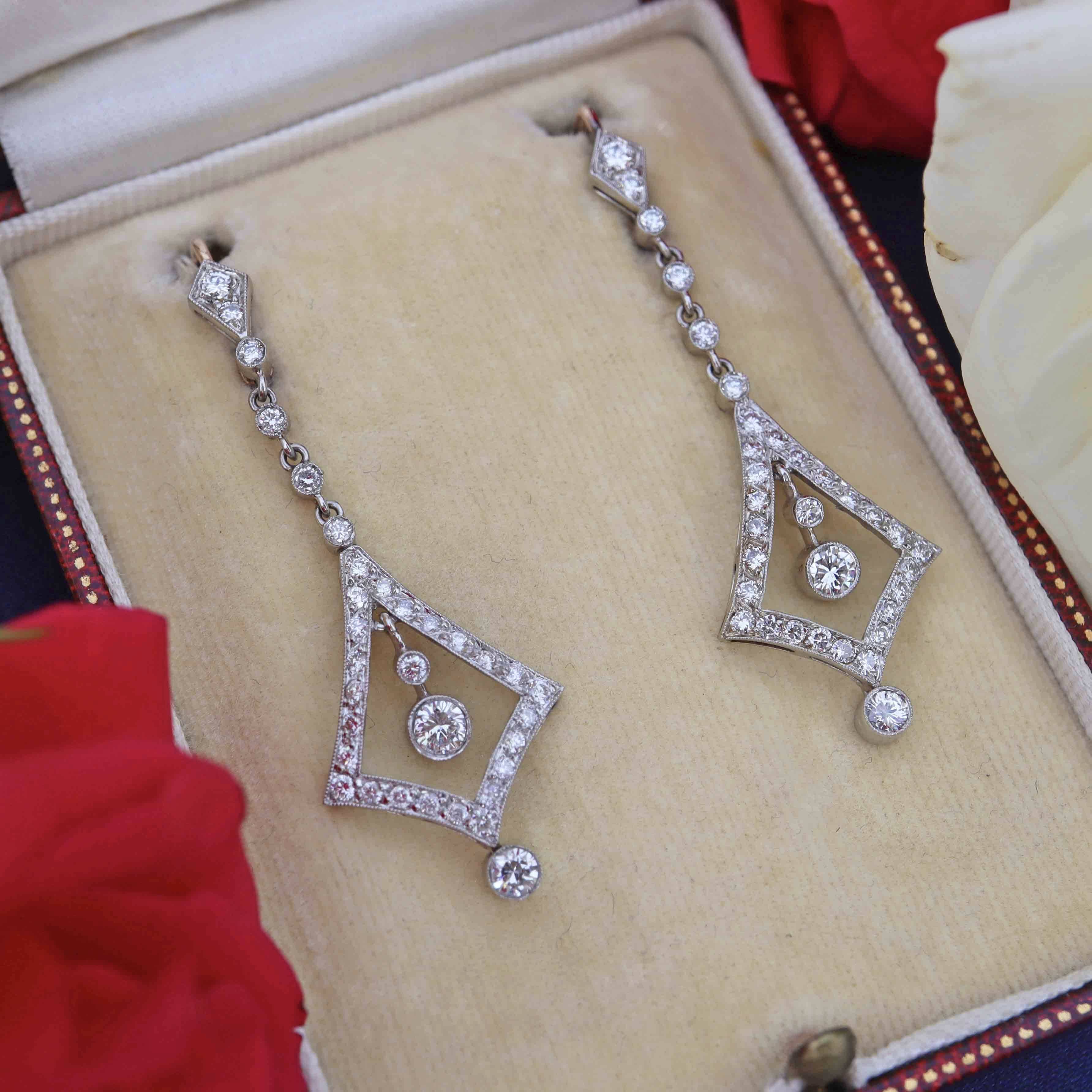 Ellibelle Jewellery Art Deco Diamond Platinum Drop Earrings (1.28cts)