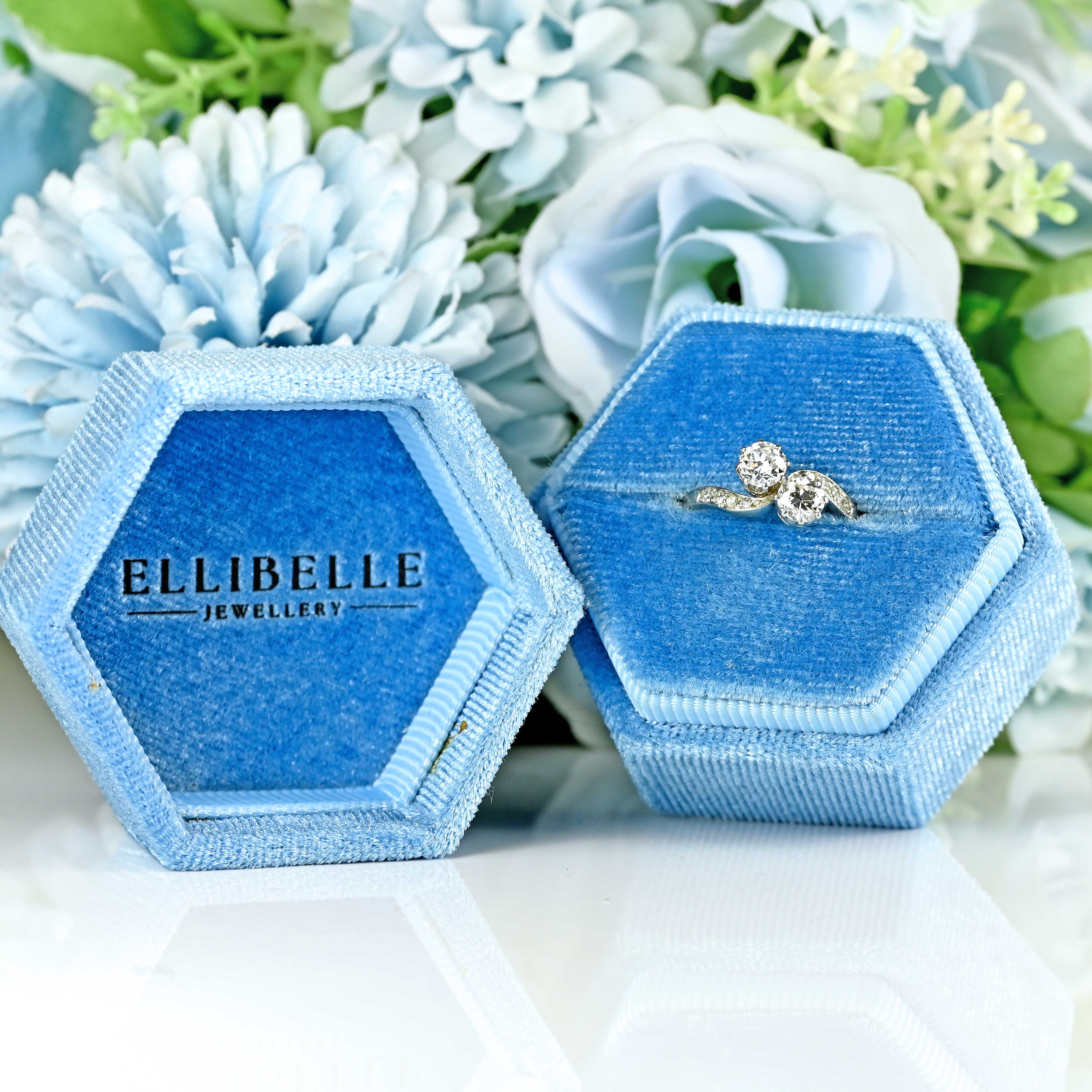 Ellibelle Jewellery Art Deco Diamond Platinum Toi et Moi Crossover Engagement Ring
