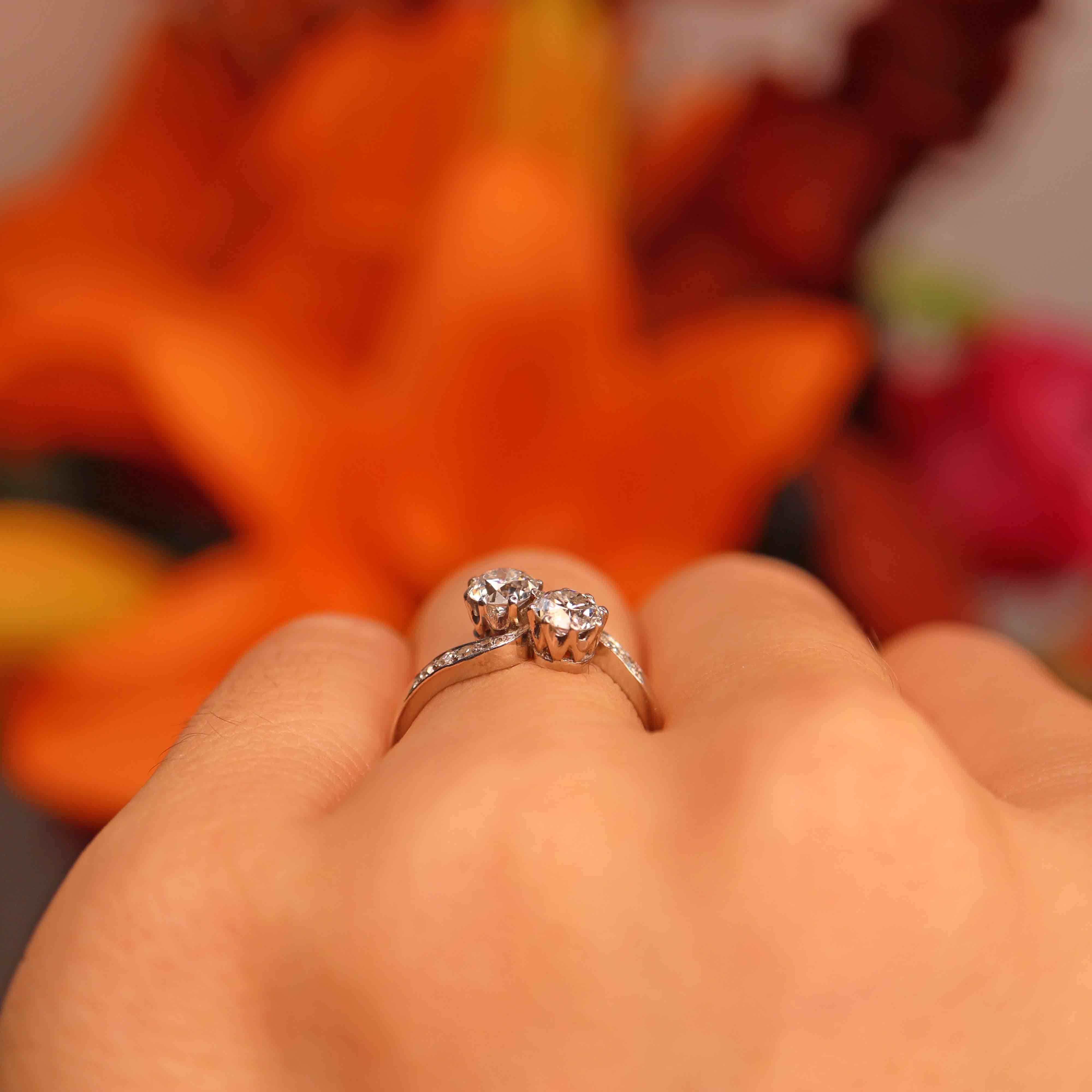 Ellibelle Jewellery Art Deco Diamond Platinum Toi et Moi Crossover Engagement Ring