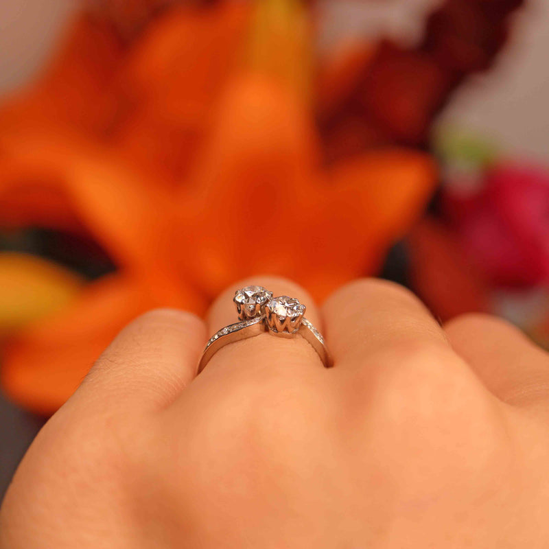 Ellibelle Jewellery Art Deco Diamond Platinum Toi et Moi Crossover Engagement Ring