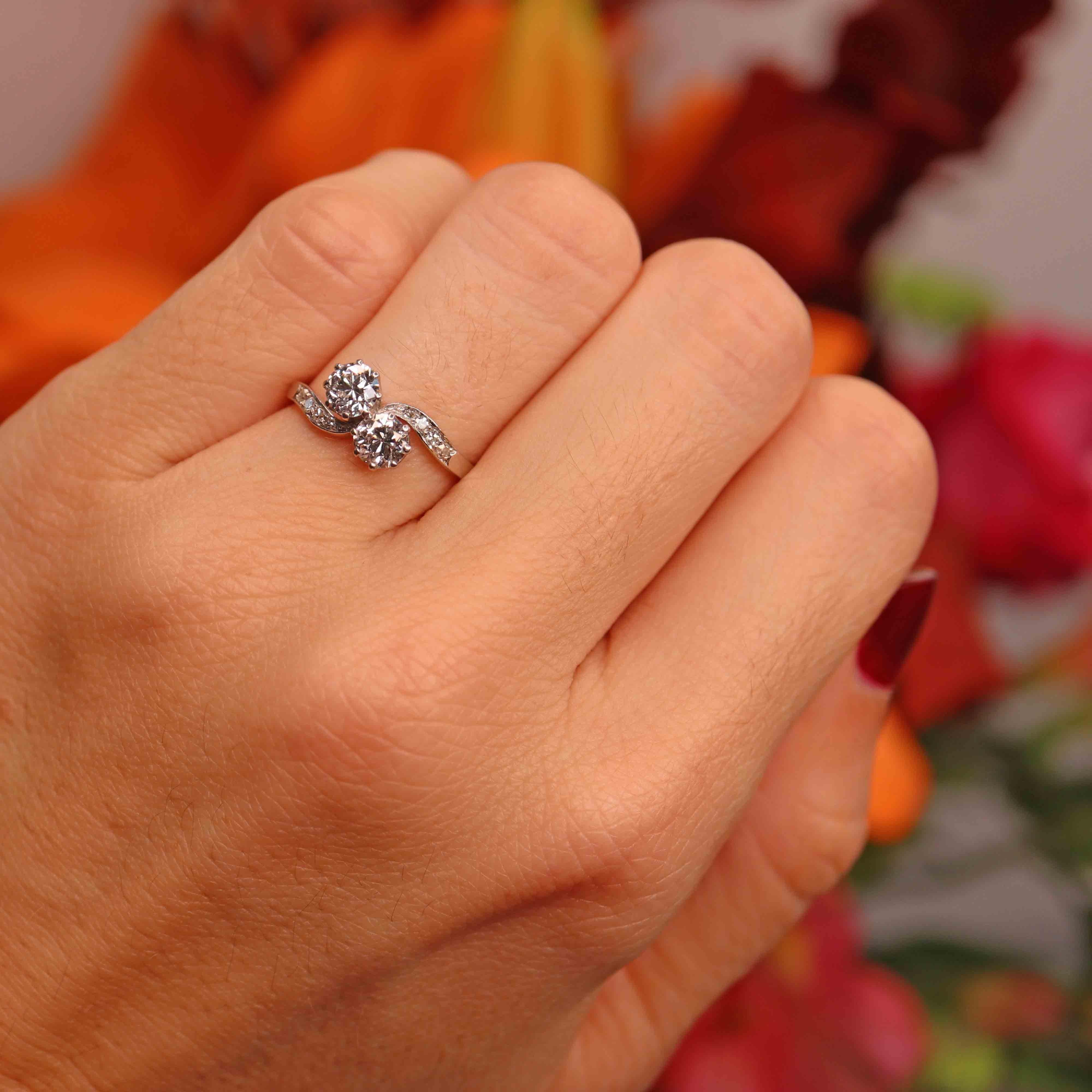 Ellibelle Jewellery Art Deco Diamond Platinum Toi et Moi Crossover Engagement Ring