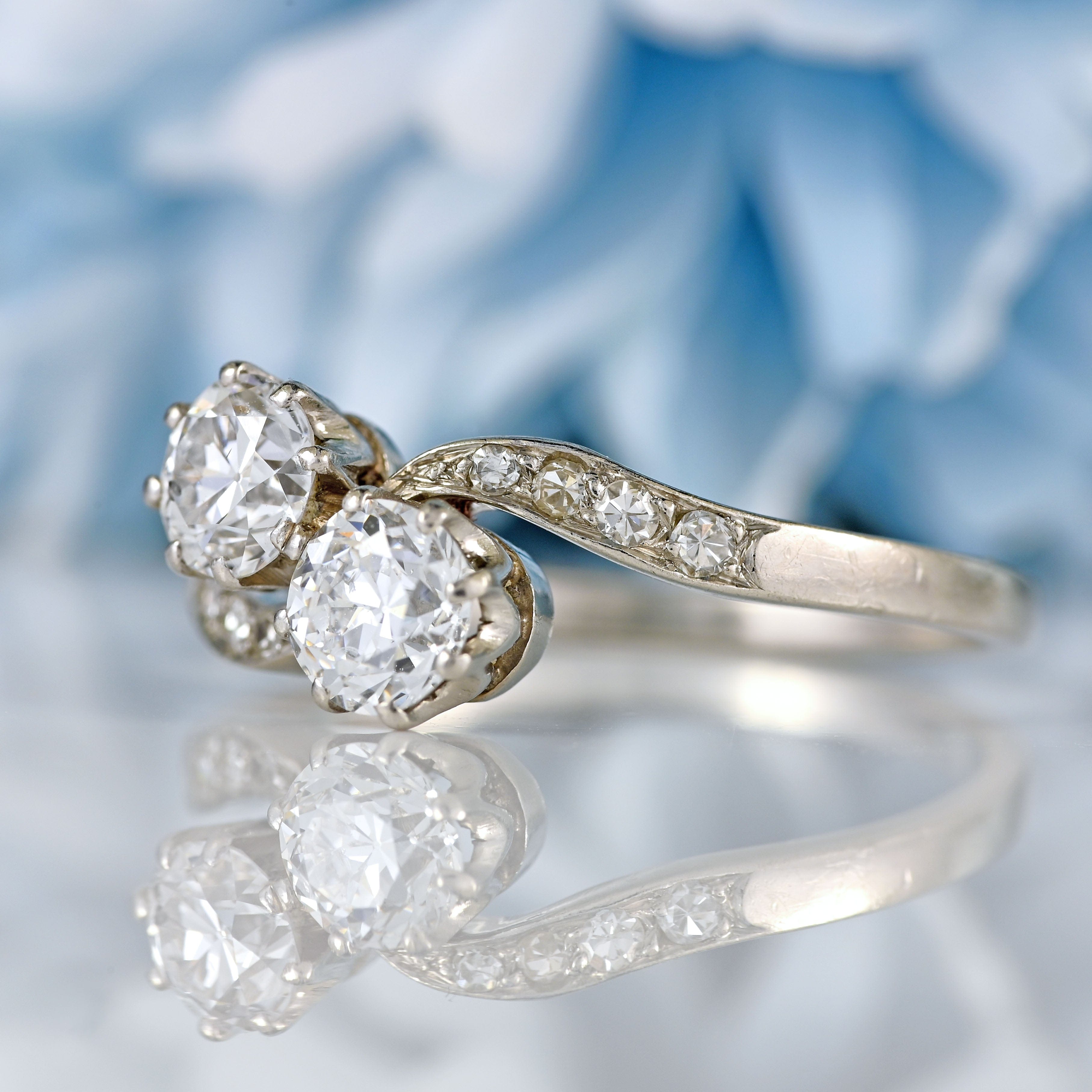 Ellibelle Jewellery Art Deco Diamond Platinum Toi et Moi Crossover Engagement Ring