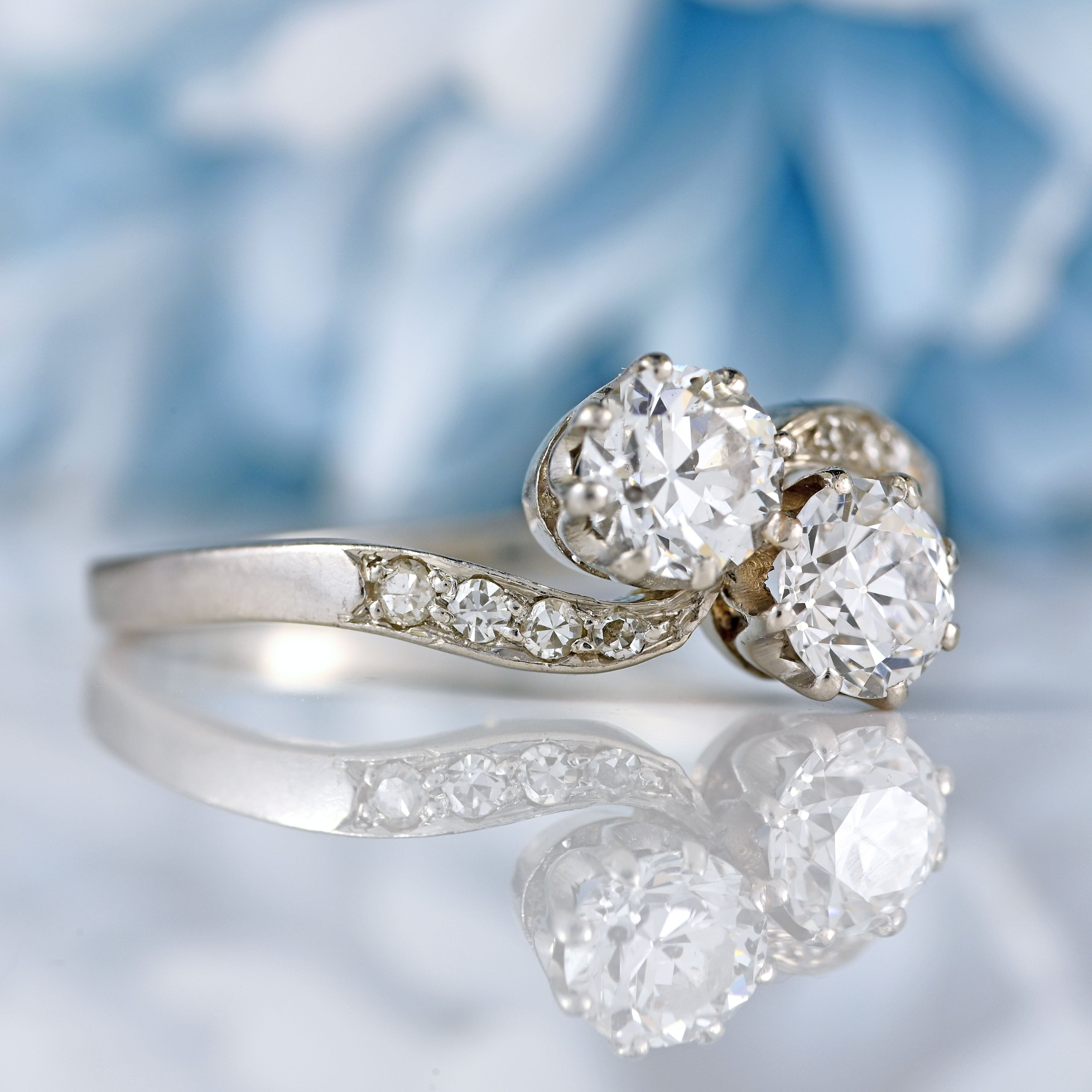 Ellibelle Jewellery Art Deco Diamond Platinum Toi et Moi Crossover Engagement Ring