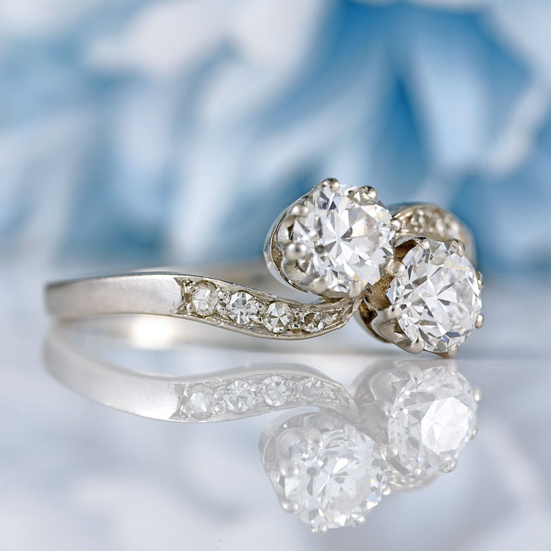 Ellibelle Jewellery Art Deco Diamond Platinum Toi et Moi Crossover Engagement Ring