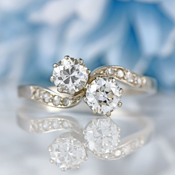 Ellibelle Jewellery Art Deco Diamond Platinum Toi et Moi Crossover Engagement Ring