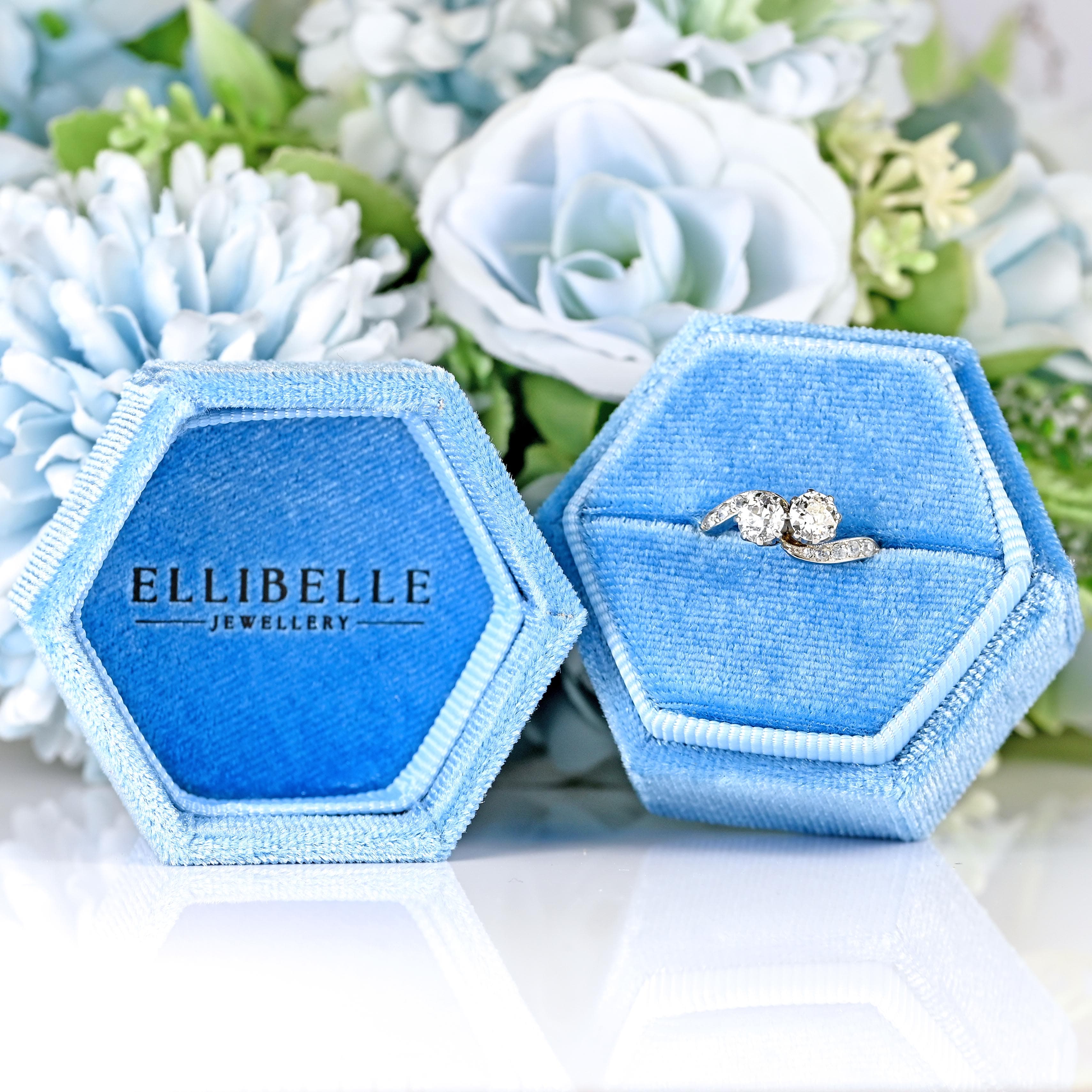 Ellibelle Jewellery Art Deco Diamond Platinum Toi et Moi Crossover Engagement Ring