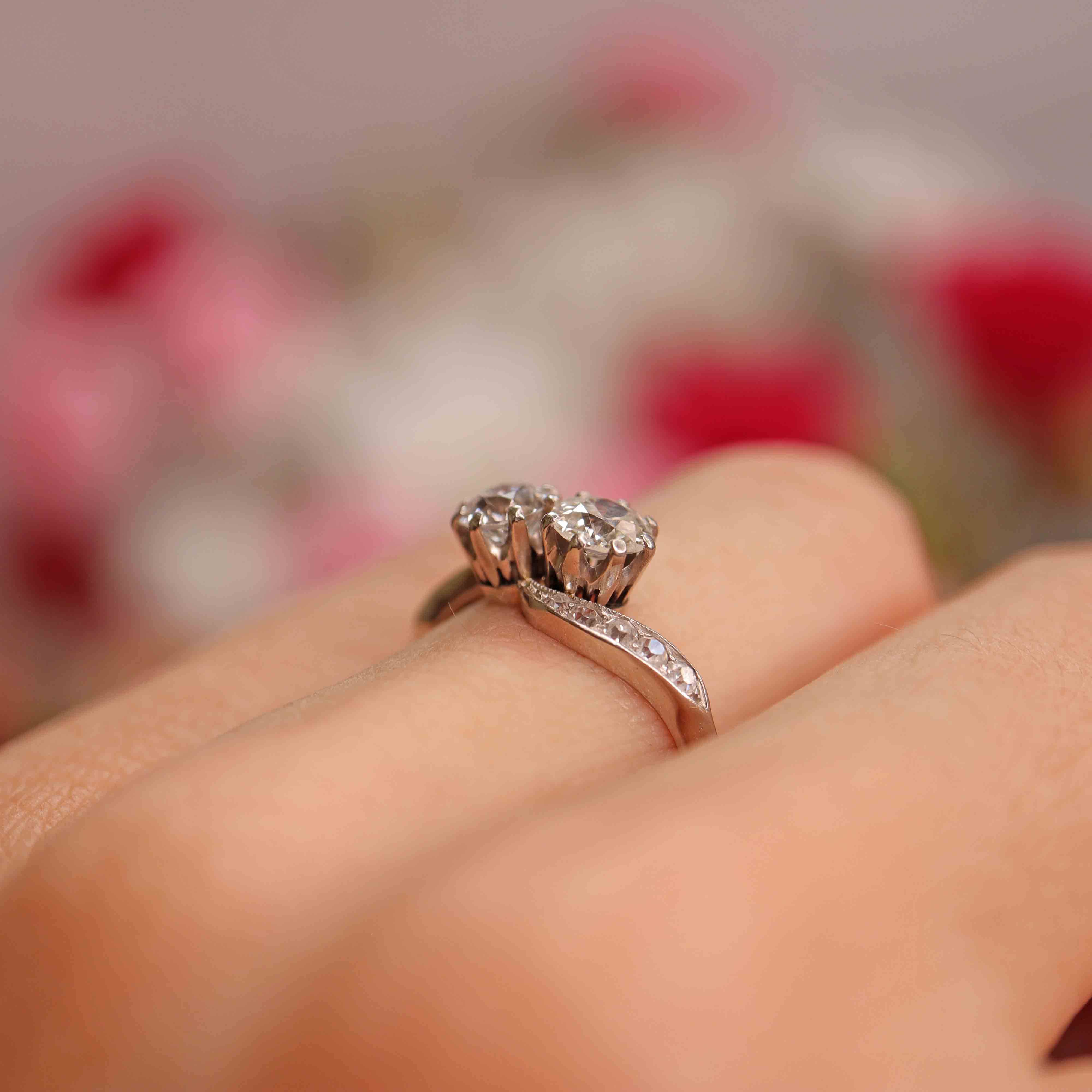 Ellibelle Jewellery Art Deco Diamond Platinum Toi et Moi Crossover Engagement Ring