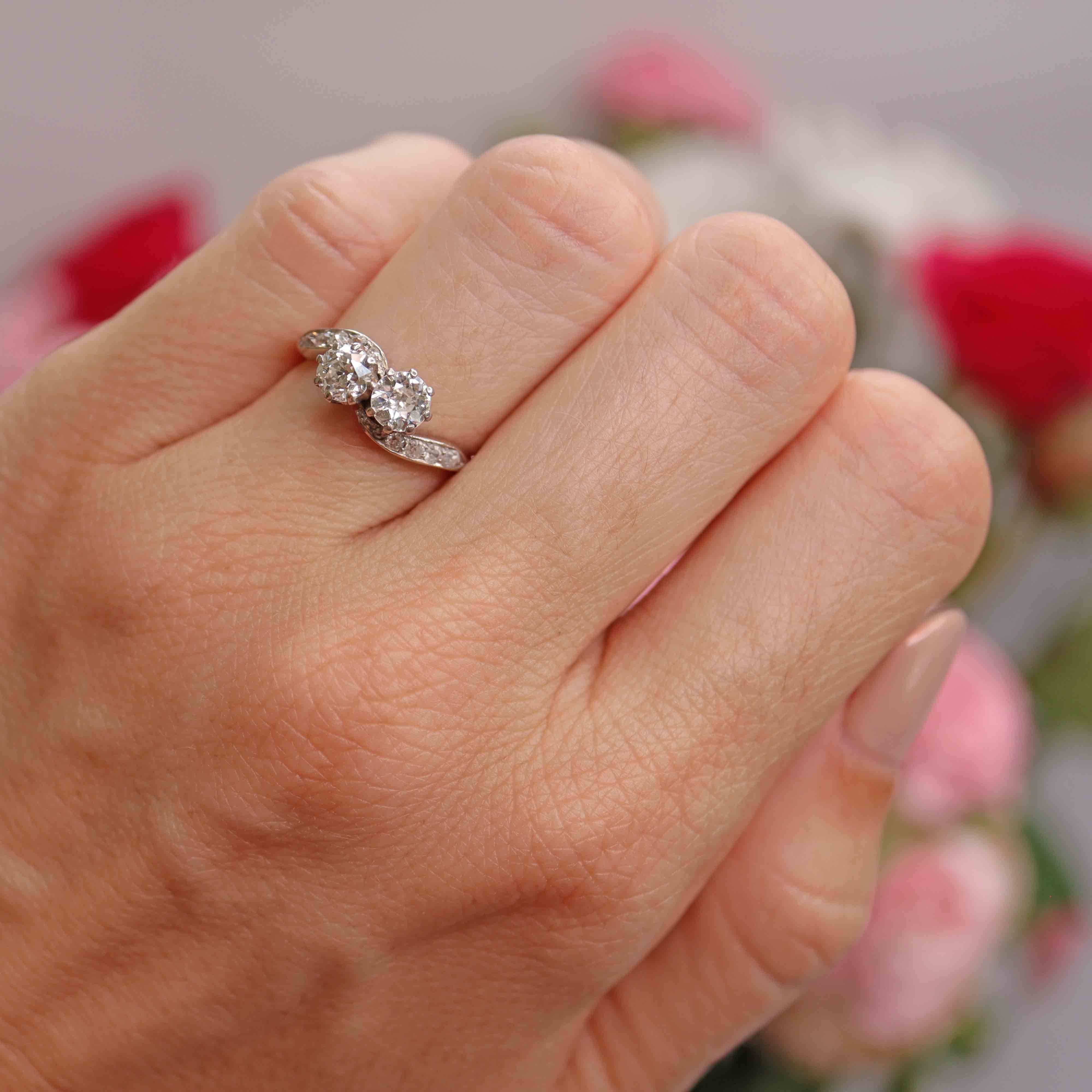 Ellibelle Jewellery Art Deco Diamond Platinum Toi et Moi Crossover Engagement Ring