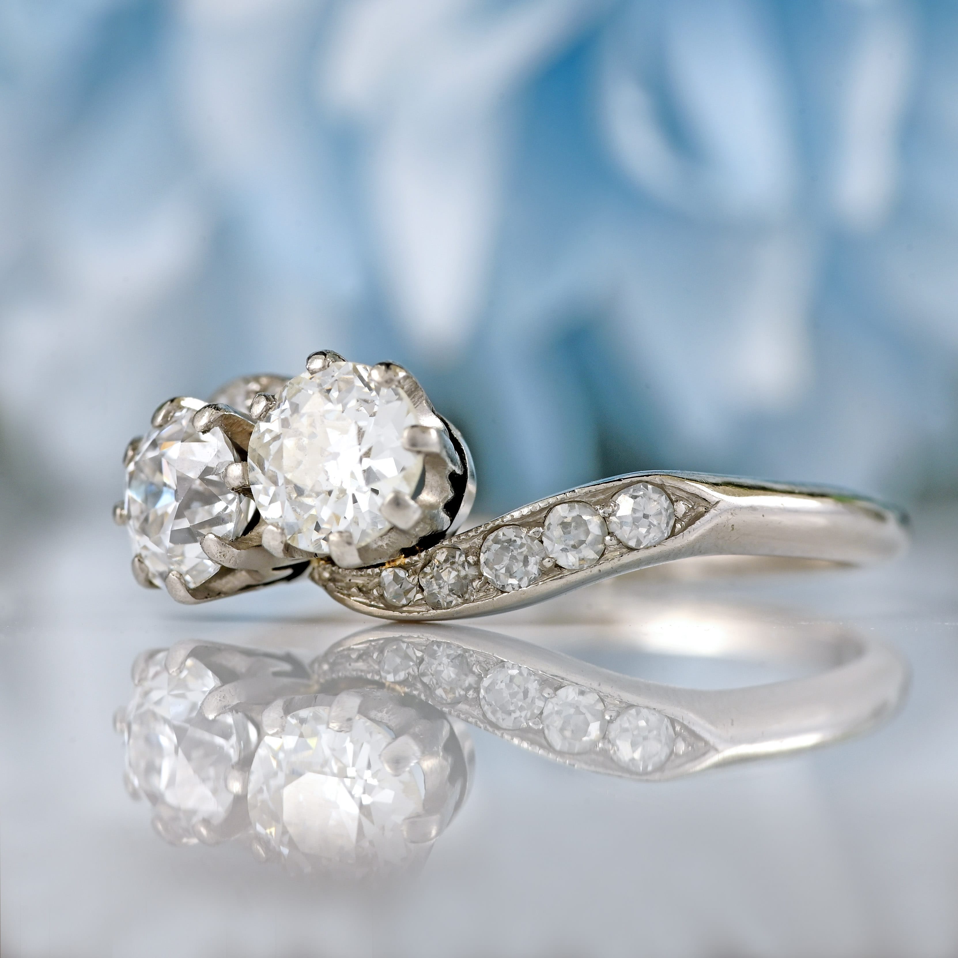 Ellibelle Jewellery Art Deco Diamond Platinum Toi et Moi Crossover Engagement Ring