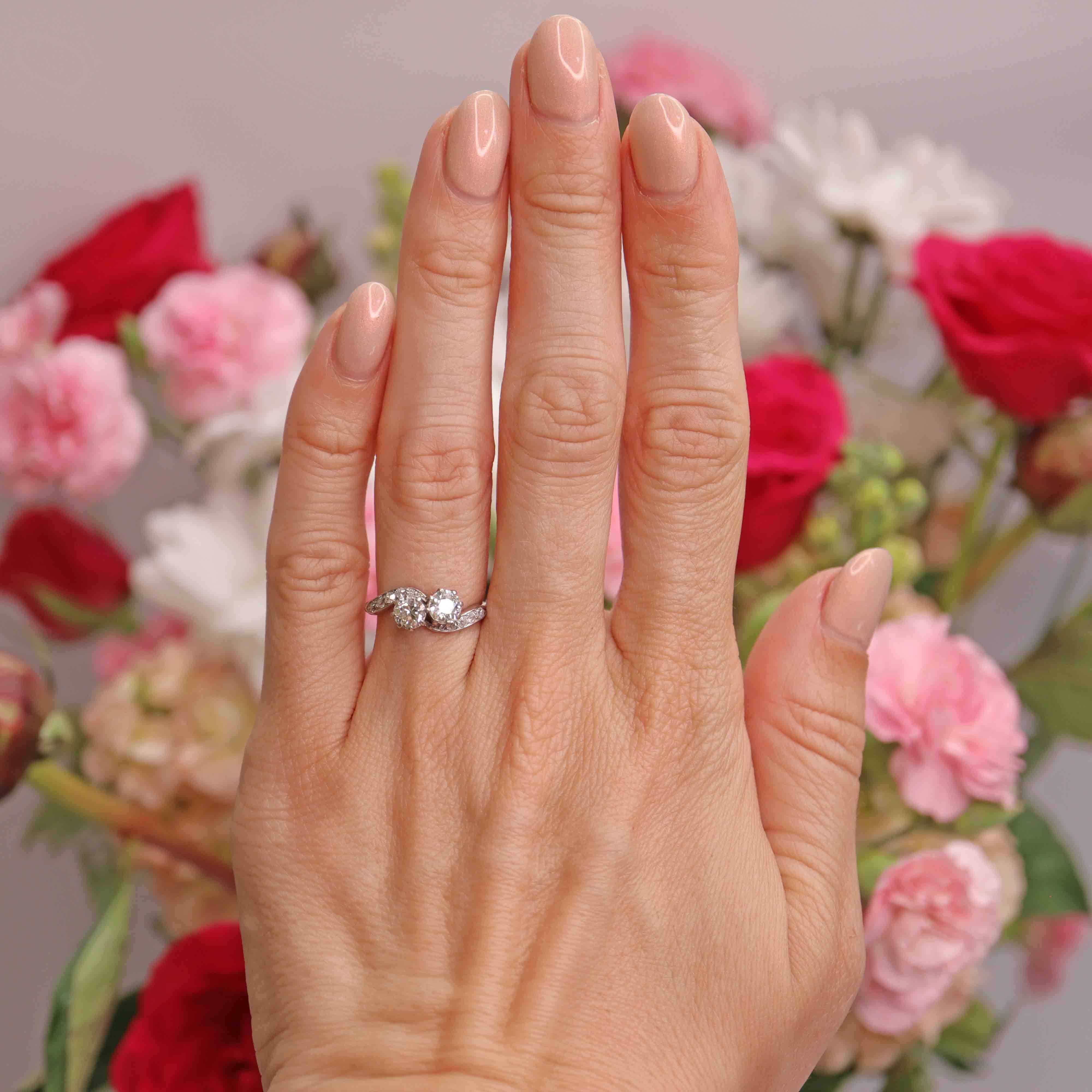 Ellibelle Jewellery Art Deco Diamond Platinum Toi et Moi Crossover Engagement Ring