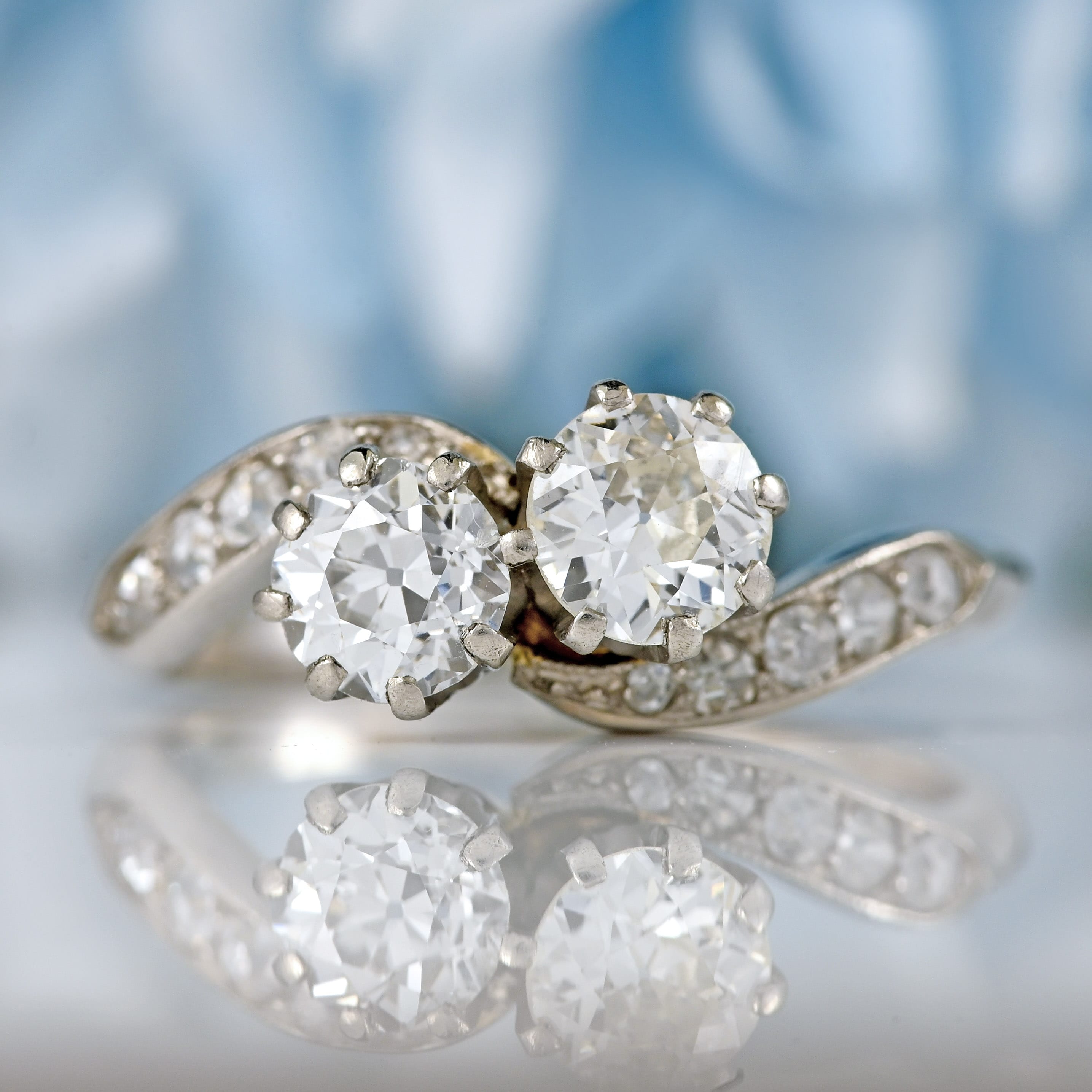 Ellibelle Jewellery Art Deco Diamond Platinum Toi et Moi Crossover Engagement Ring