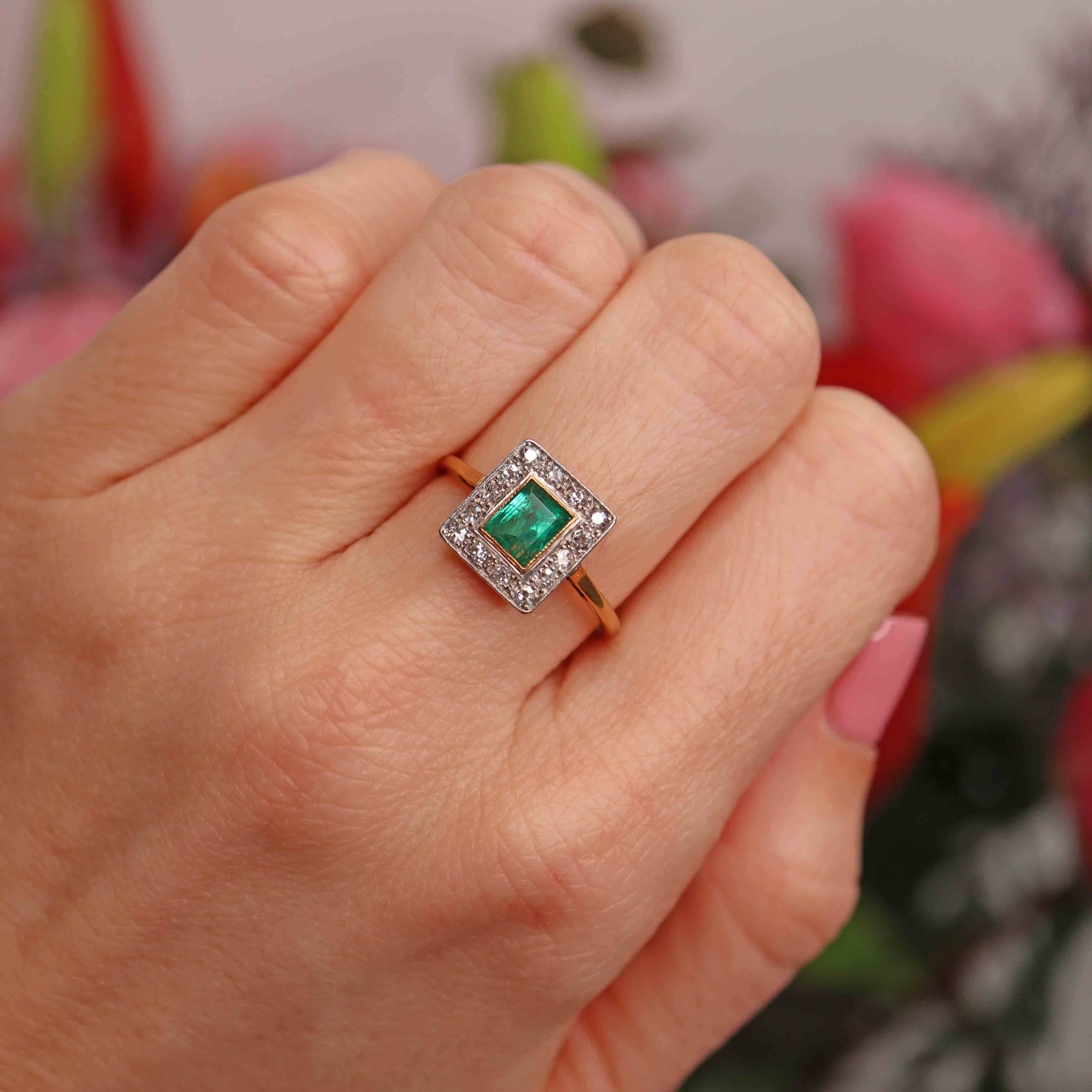 Ellibelle Jewellery Art Deco Emerald & Diamond 18ct Gold Square Cluster Ring