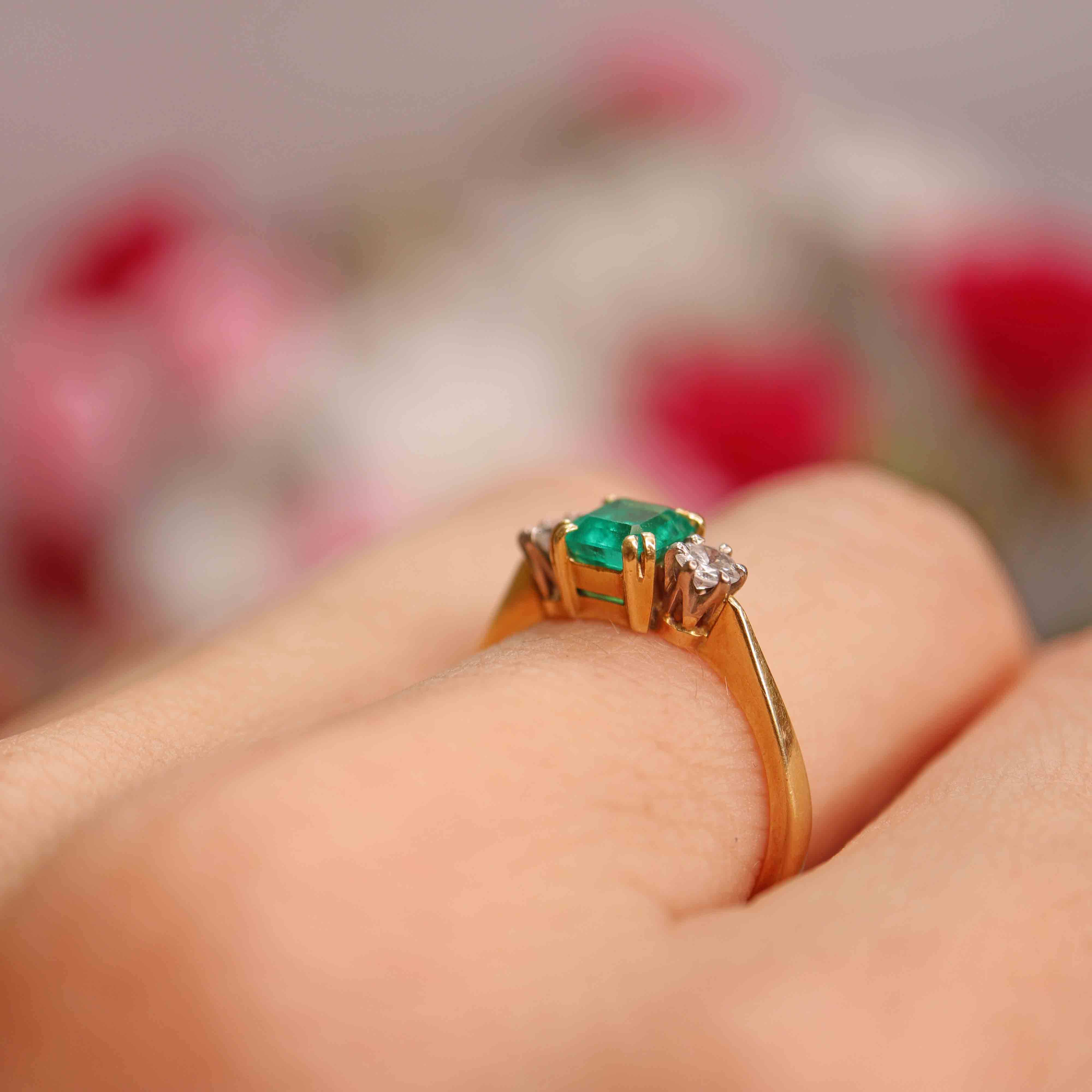 Ellibelle Jewellery Art Deco Emerald & Diamond 18ct Gold Three-Stone Trilogy Engagement Ring (0.65cts)