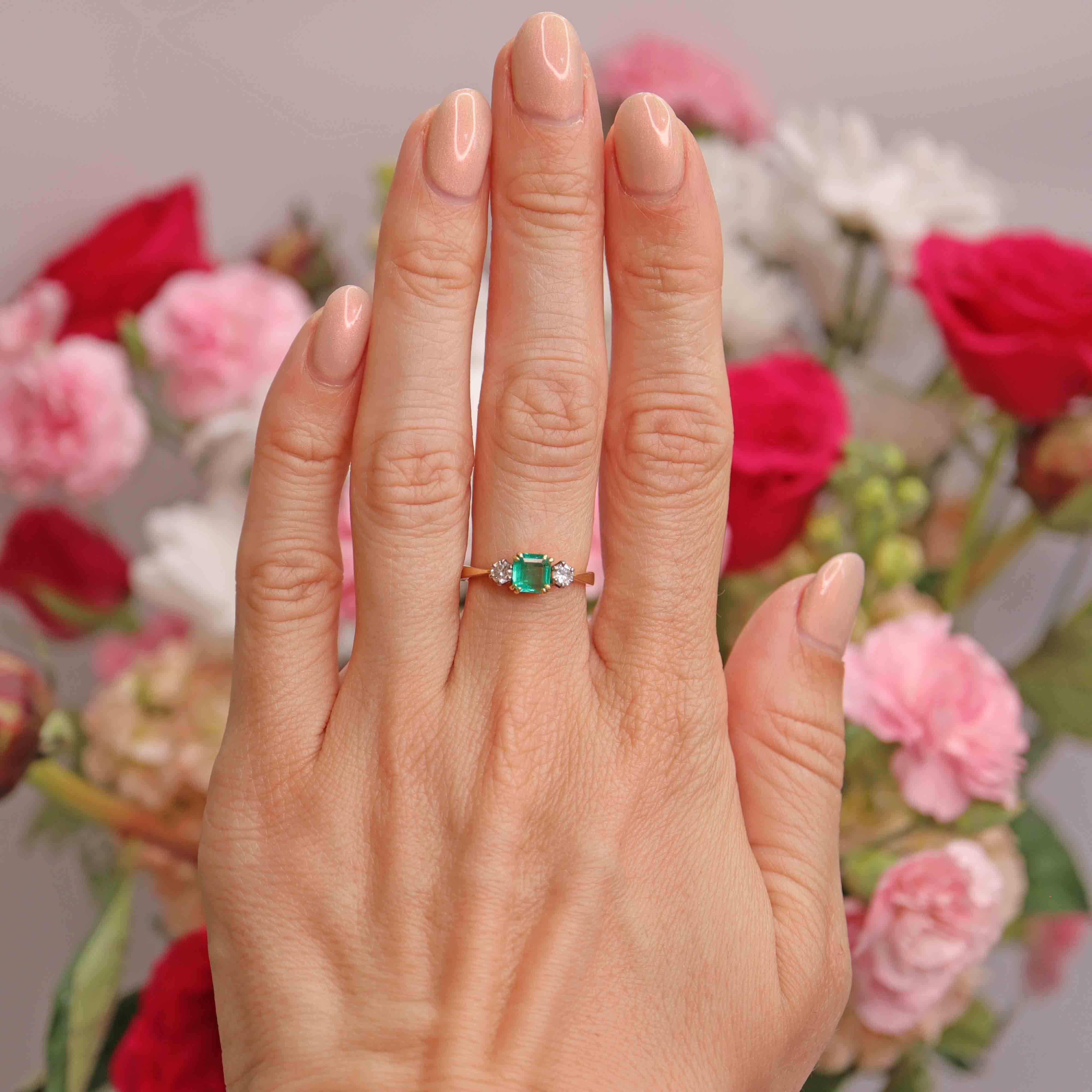 Ellibelle Jewellery Art Deco Emerald & Diamond 18ct Gold Three-Stone Trilogy Engagement Ring (0.65cts)