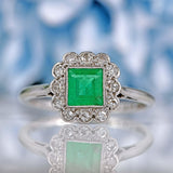 Ellibelle Jewellery Art Deco Emerald & Diamond 18ct White Gold Platinum Ring