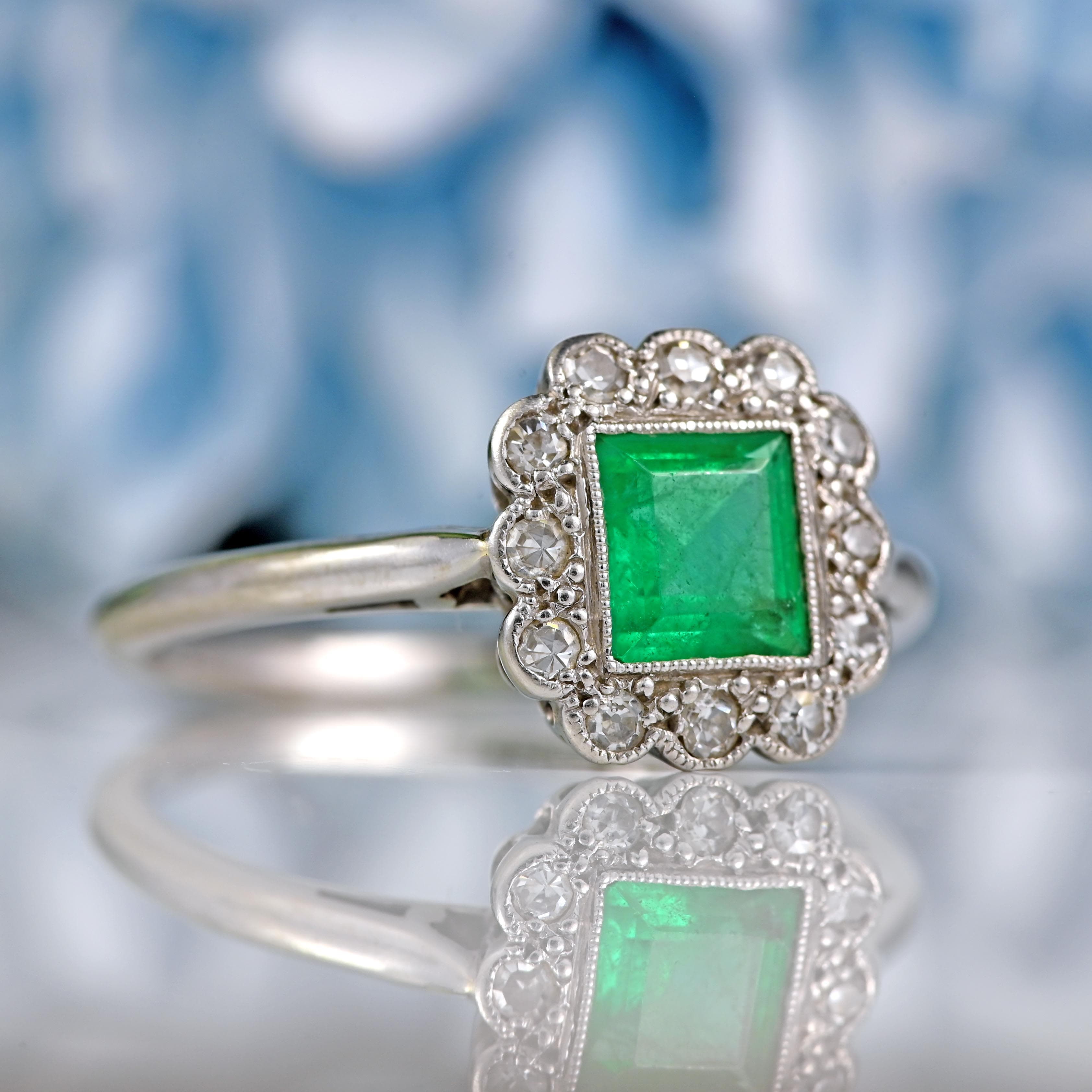 Ellibelle Jewellery Art Deco Emerald & Diamond 18ct White Gold Platinum Ring