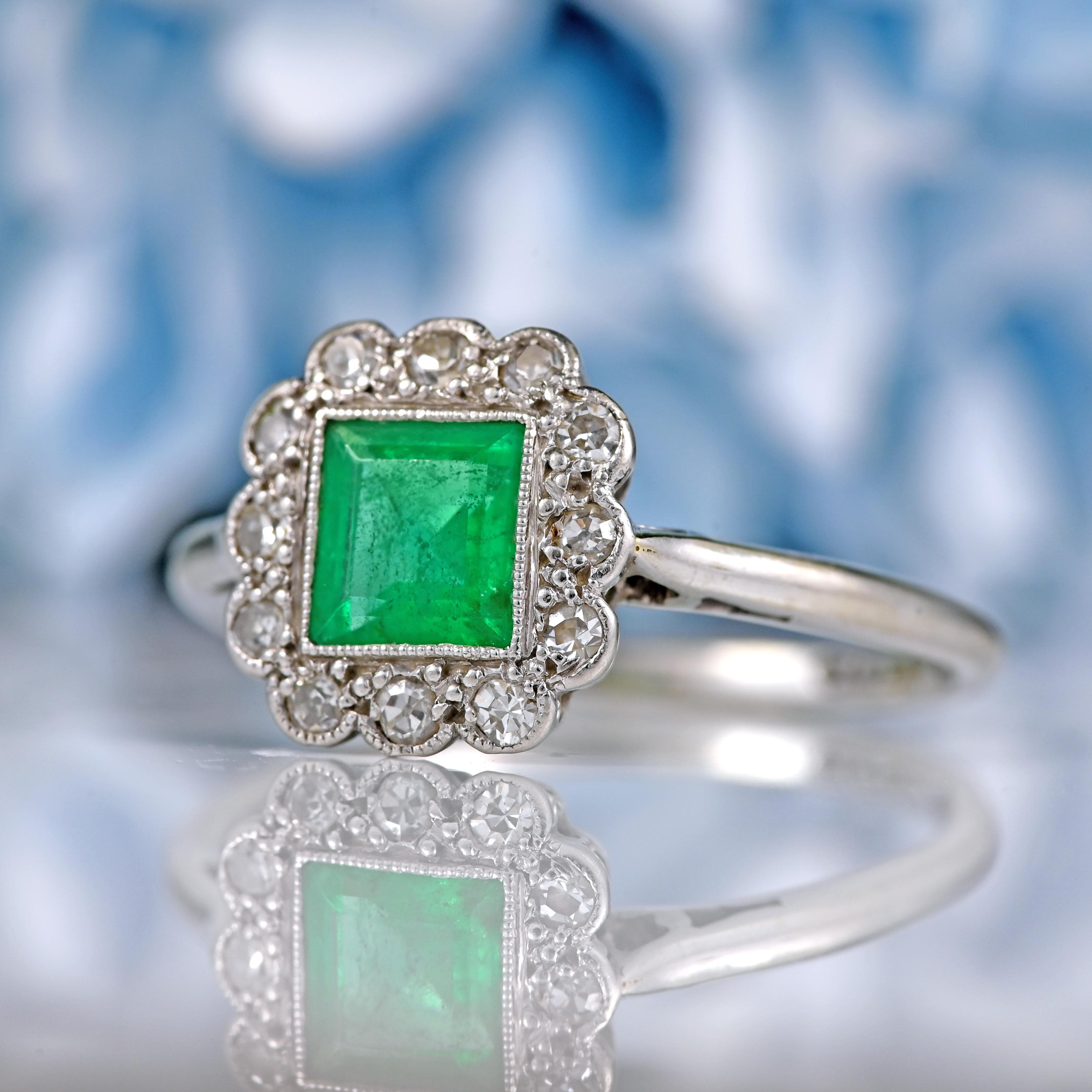 Ellibelle Jewellery Art Deco Emerald & Diamond 18ct White Gold Platinum Ring