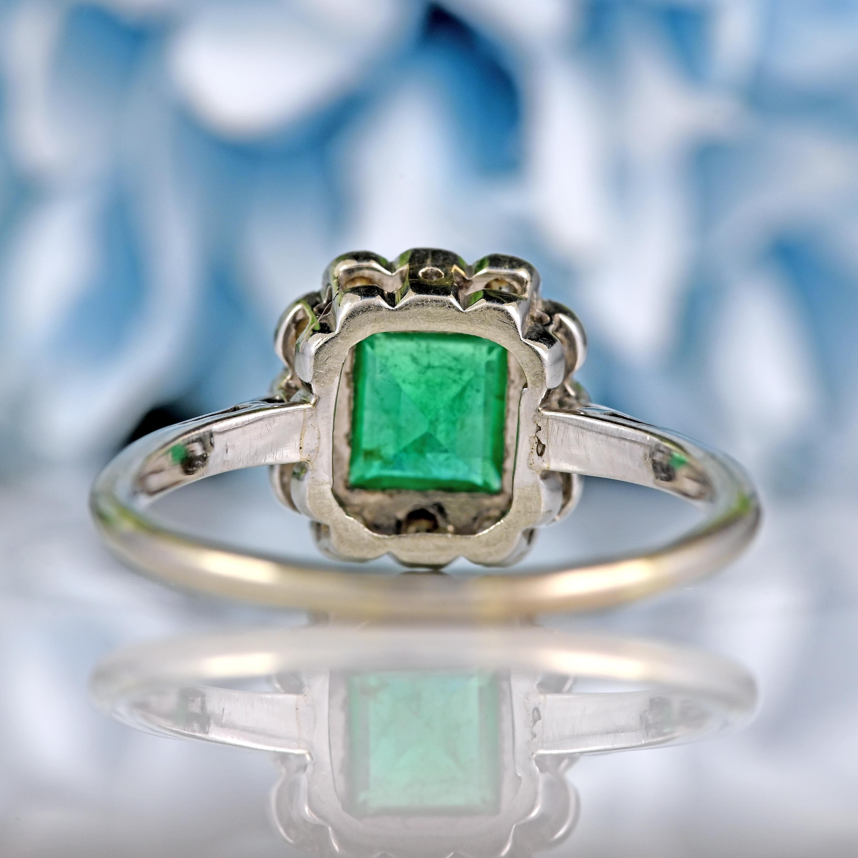 Ellibelle Jewellery Art Deco Emerald & Diamond 18ct White Gold Platinum Ring