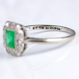 Ellibelle Jewellery Art Deco Emerald & Diamond 18ct White Gold Platinum Ring