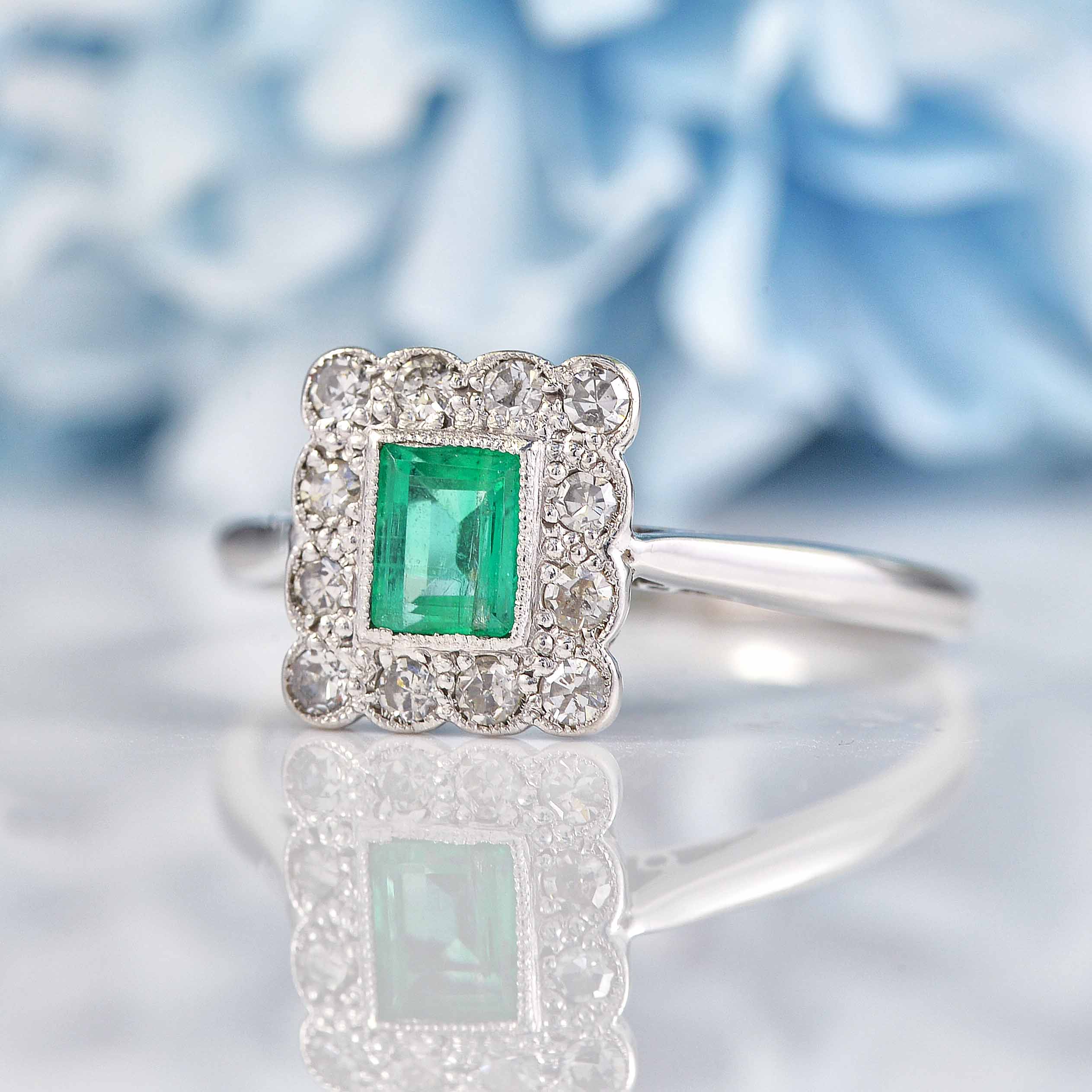 Ellibelle Jewellery Art Deco Emerald & Diamond Platinum Engagement Ring