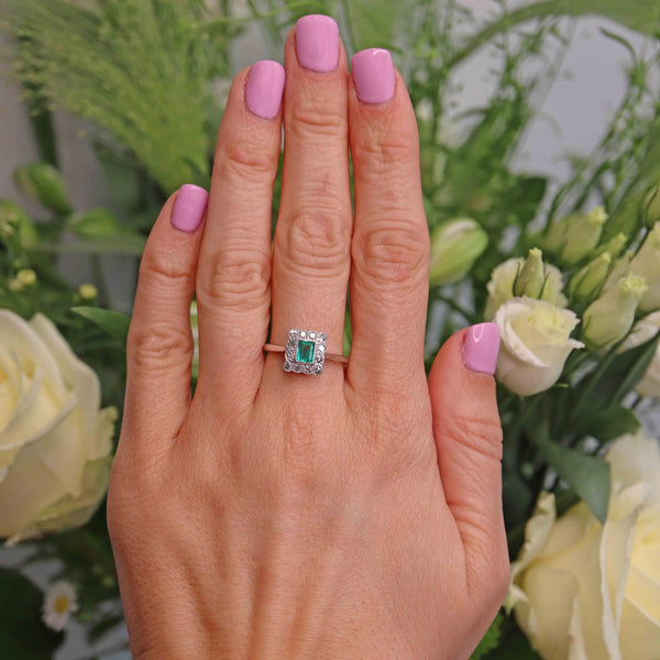 Ellibelle Jewellery Art Deco Emerald & Diamond Platinum Engagement Ring