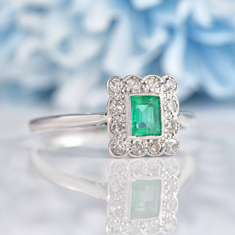 Ellibelle Jewellery Art Deco Emerald & Diamond Platinum Engagement Ring