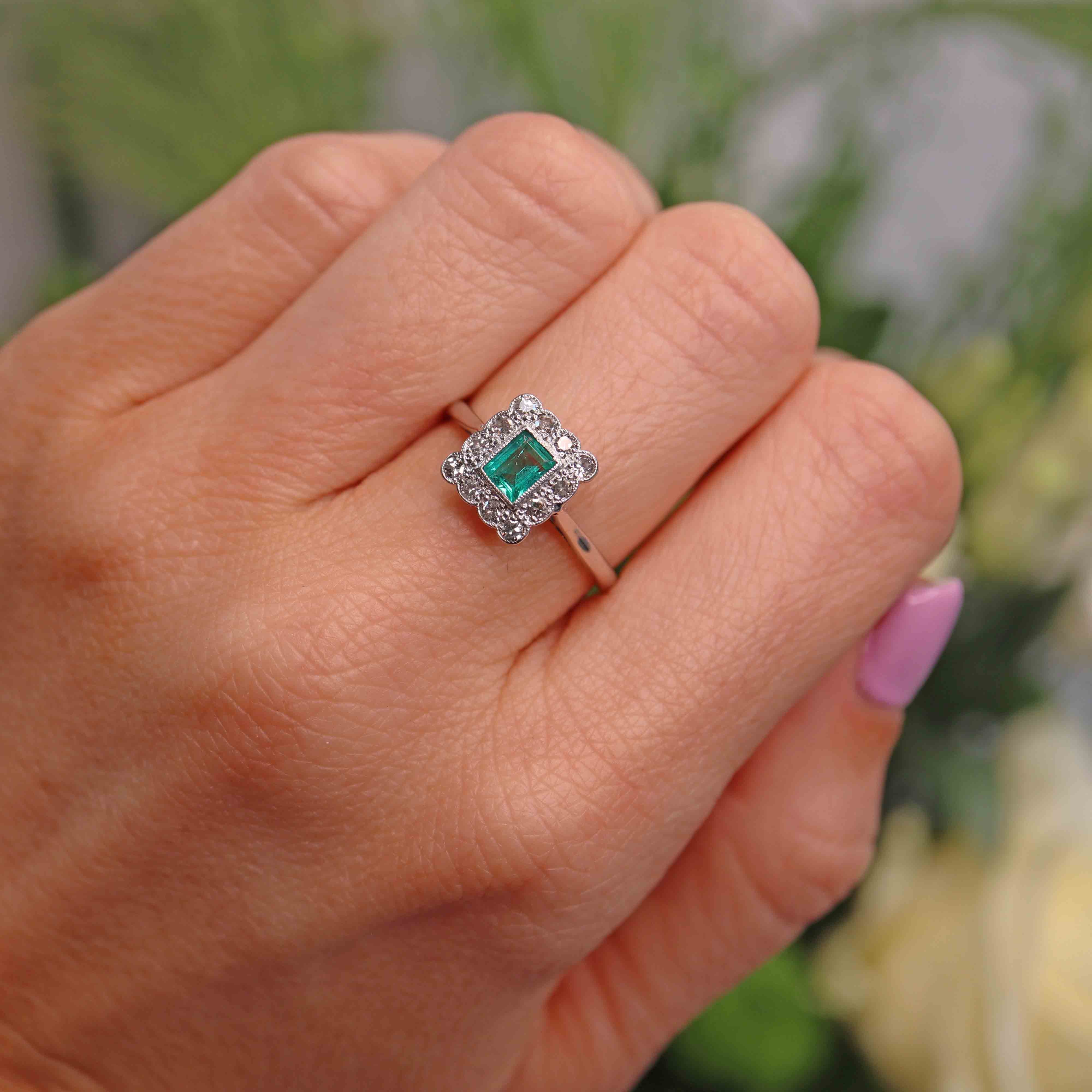 Ellibelle Jewellery Art Deco Emerald & Diamond Platinum Engagement Ring