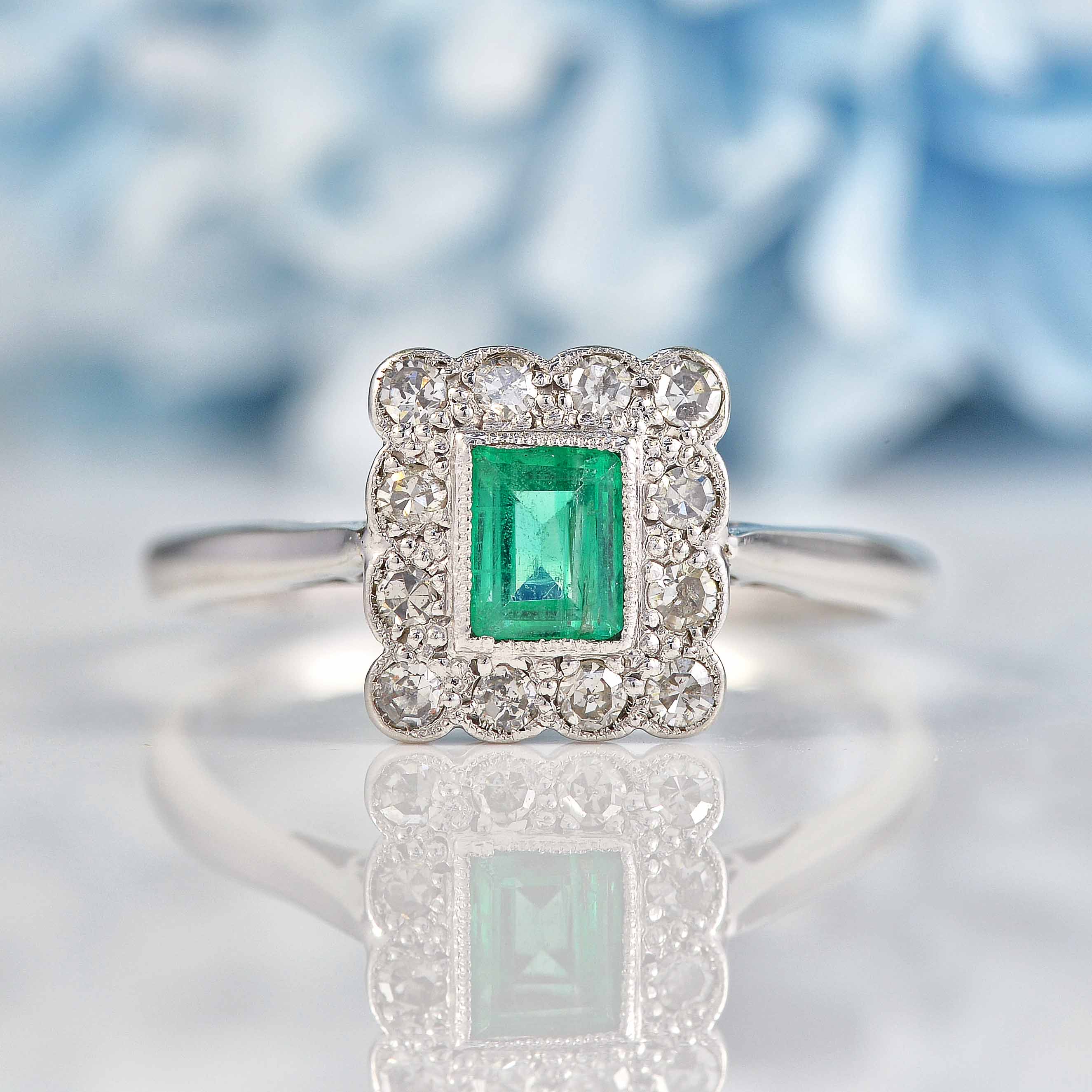 Ellibelle Jewellery Art Deco Emerald & Diamond Platinum Engagement Ring