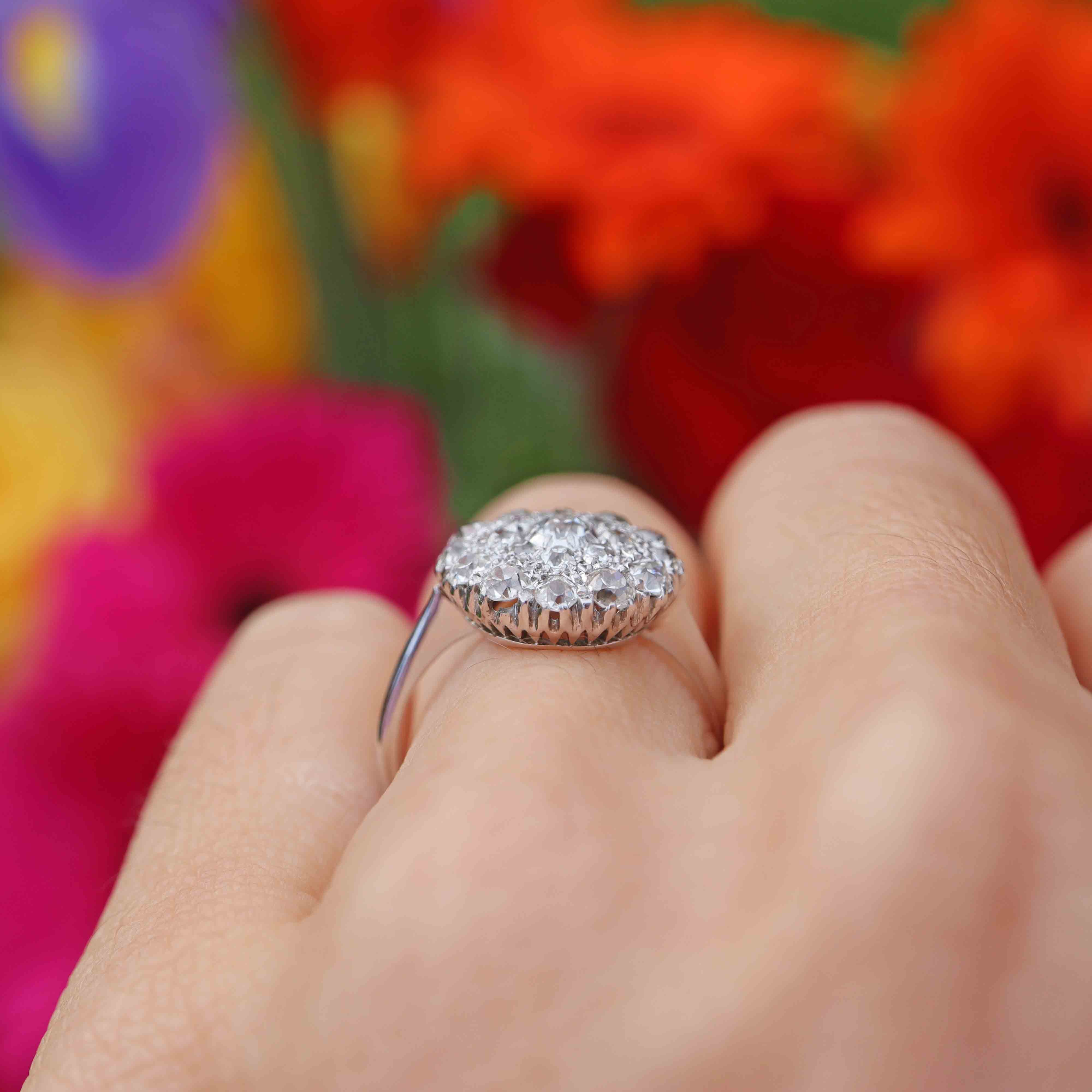 Ellibelle Jewellery Art Deco Old European-Cut Diamond 18ct White Gold Platinum Cluster Ring (1.00ct)