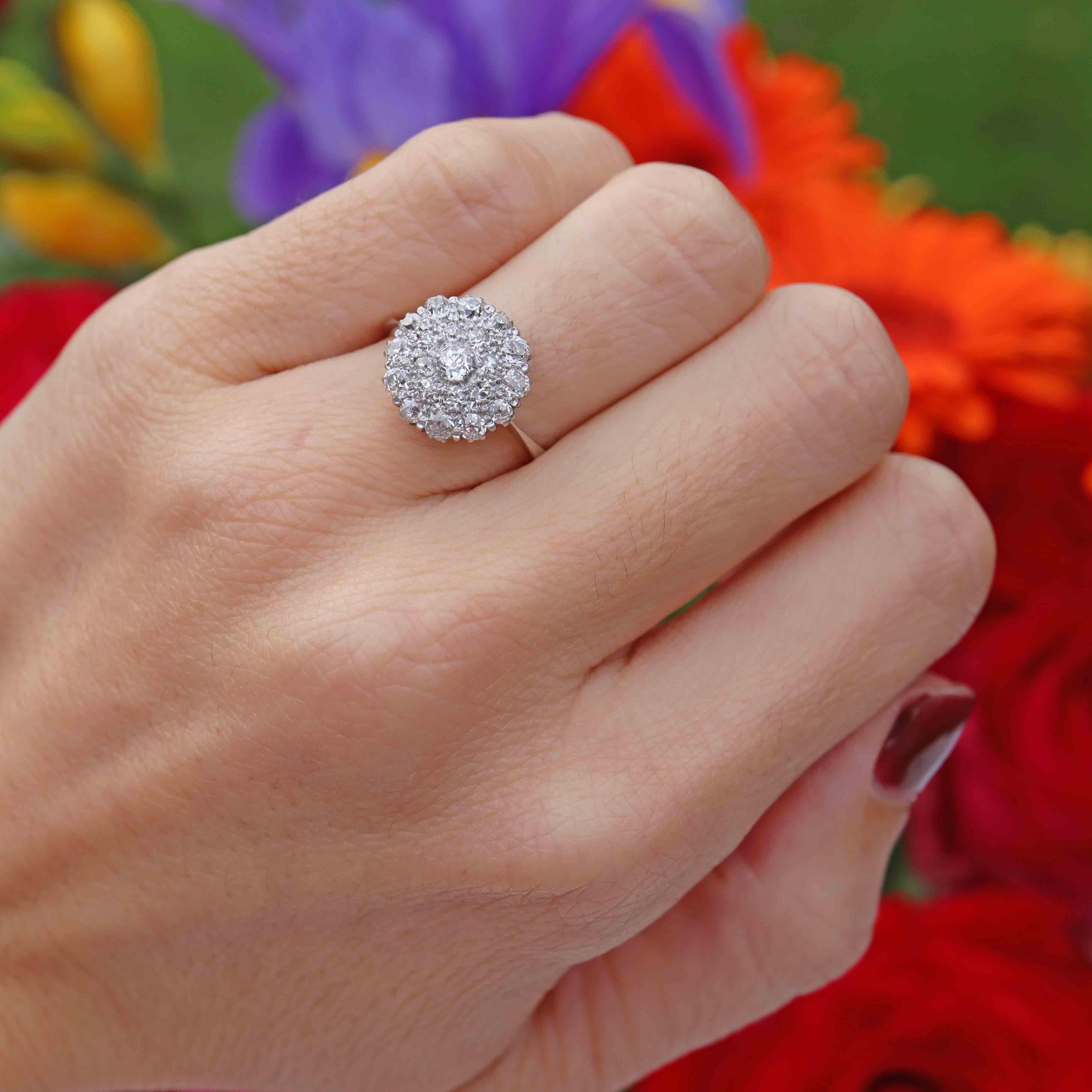 Ellibelle Jewellery Art Deco Old European-Cut Diamond 18ct White Gold Platinum Cluster Ring (1.00ct)