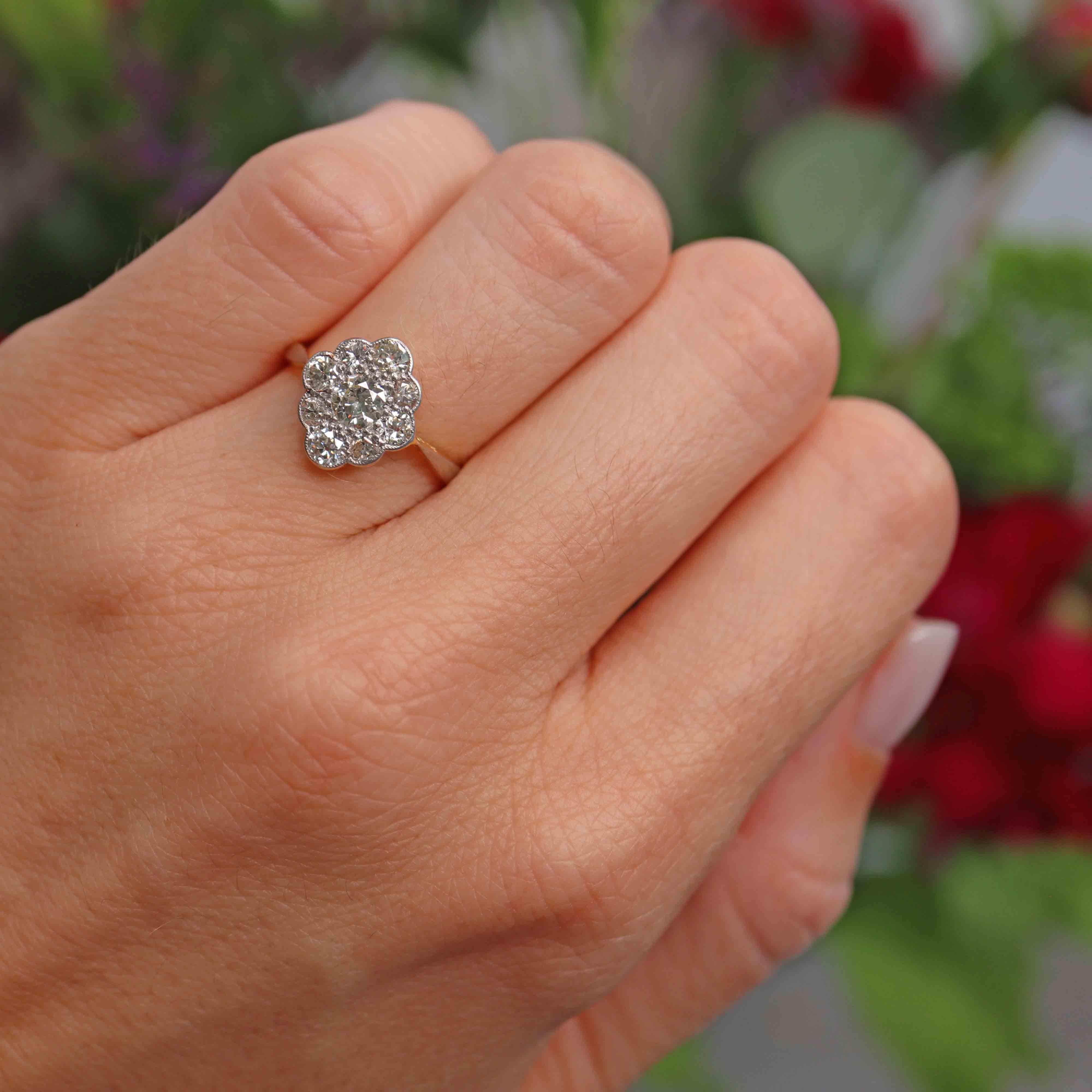 Ellibelle Jewellery Art Deco Old-European Diamond 18ct Gold & Platinum Cluster Ring