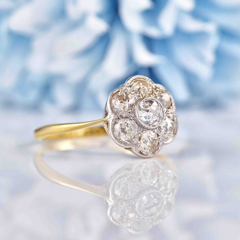 Ellibelle Jewellery Art Deco Old Mine Cut Diamond Gold Daisy Cluster Ring (0.94cts)