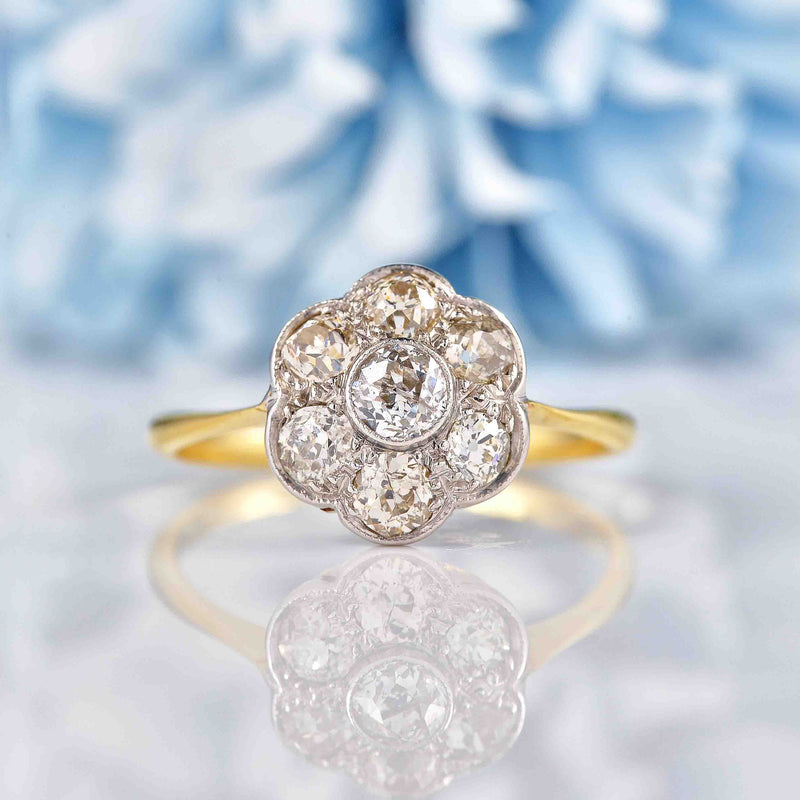 Ellibelle Jewellery Art Deco Old Mine Cut Diamond Gold Daisy Cluster Ring (0.94cts)