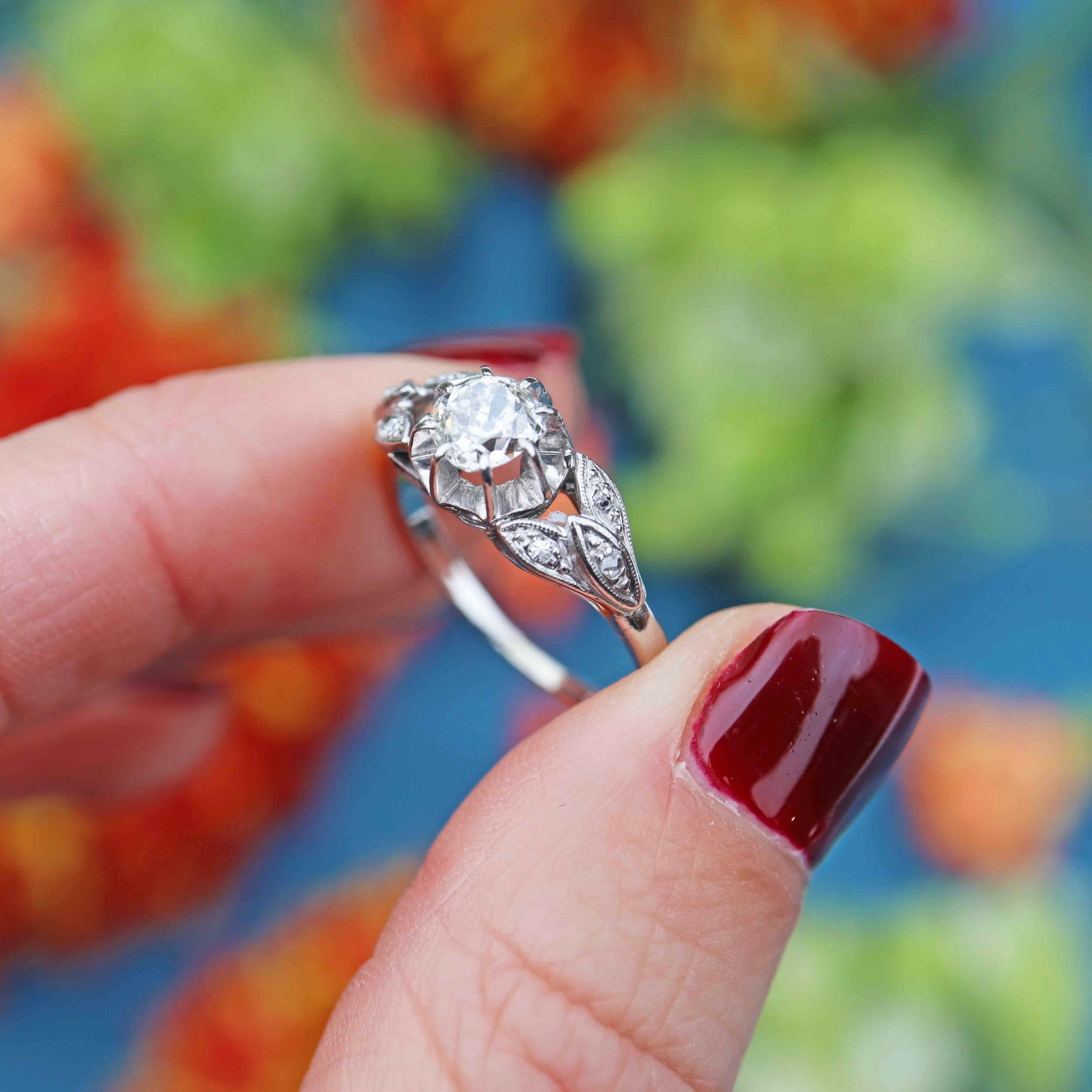 Ellibelle Jewellery Art Deco Old Mine Cut Diamond Platinum Engagement Ring (0.73cts)