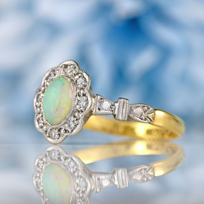 Ellibelle Jewellery Art Deco Opal & Diamond 18ct Gold Platinum Cluster Ring