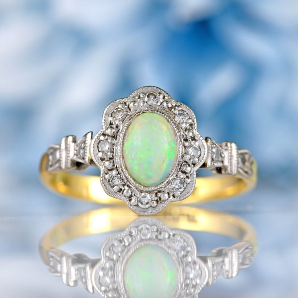 Ellibelle Jewellery Art Deco Opal & Diamond 18ct Gold Platinum Cluster Ring