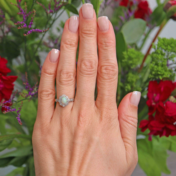 Ellibelle Jewellery Art Deco Opal & Diamond 18ct Gold Platinum Cluster Ring