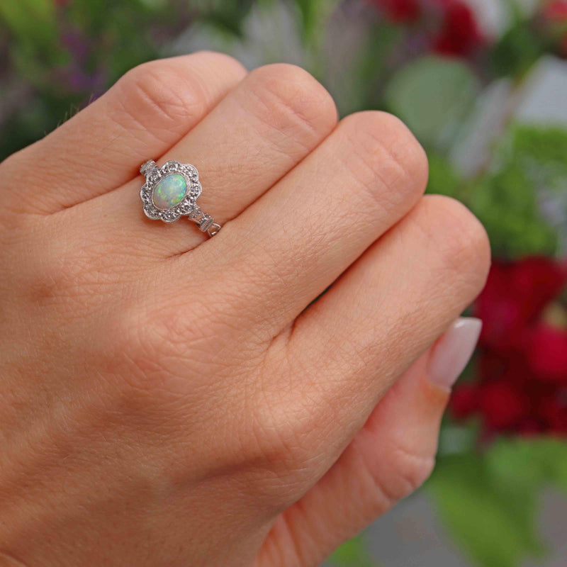 Ellibelle Jewellery Art Deco Opal & Diamond 18ct Gold Platinum Cluster Ring