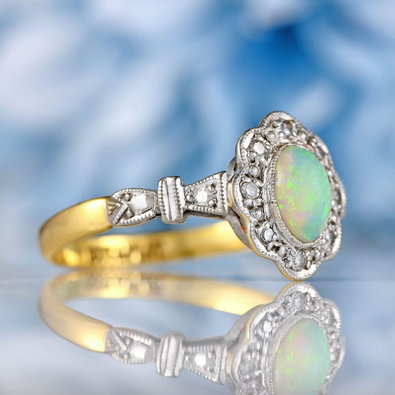 Ellibelle Jewellery Art Deco Opal & Diamond 18ct Gold Platinum Cluster Ring
