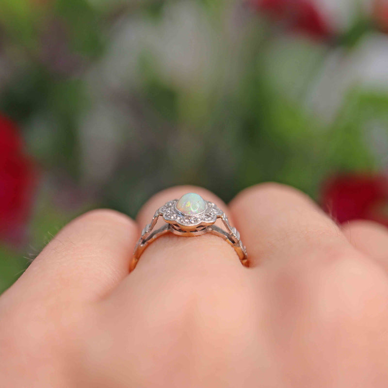 Ellibelle Jewellery Art Deco Opal & Diamond 18ct Gold Platinum Cluster Ring