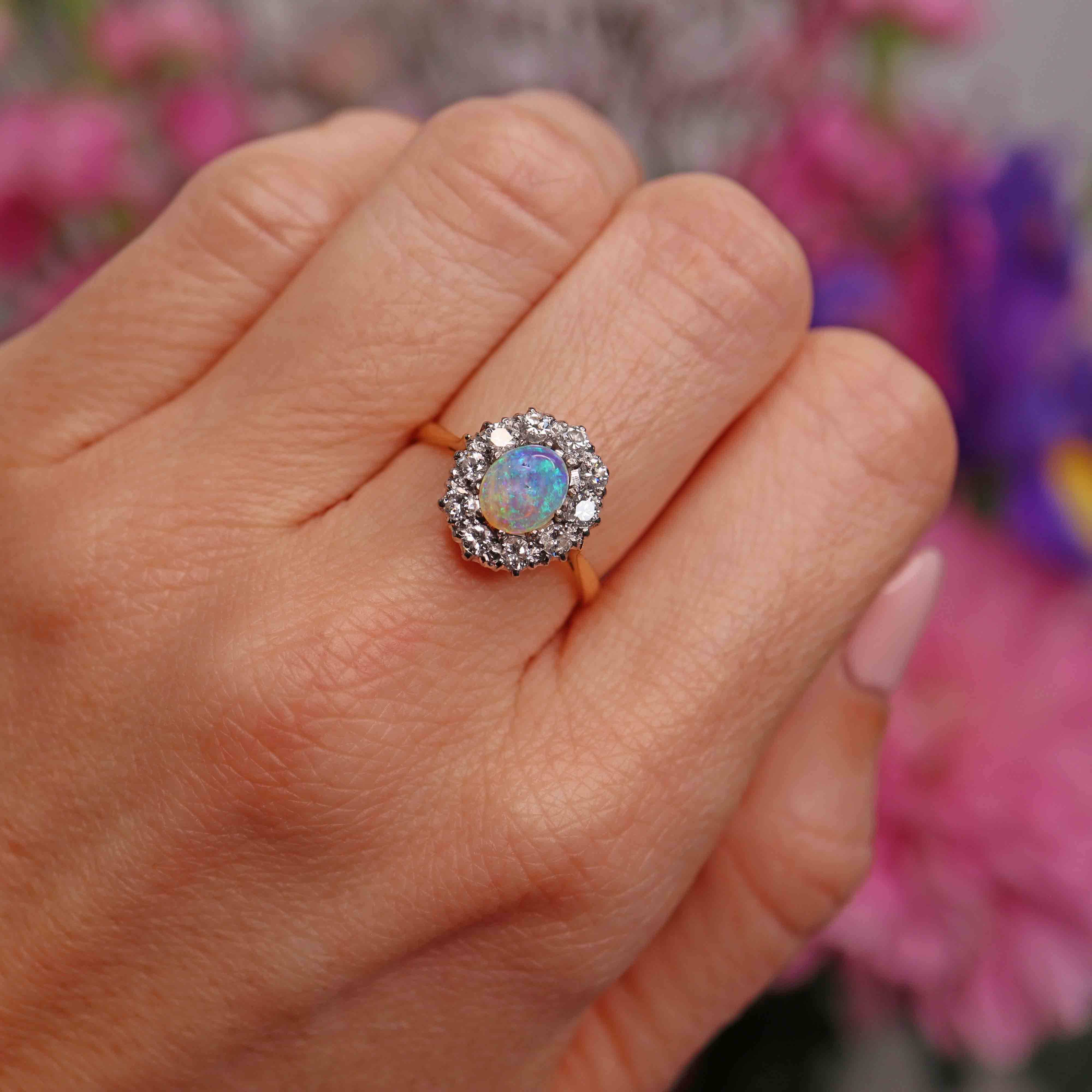 Ellibelle Jewellery Art Deco Opal & Diamond 18ct Gold Platinum Cluster Ring