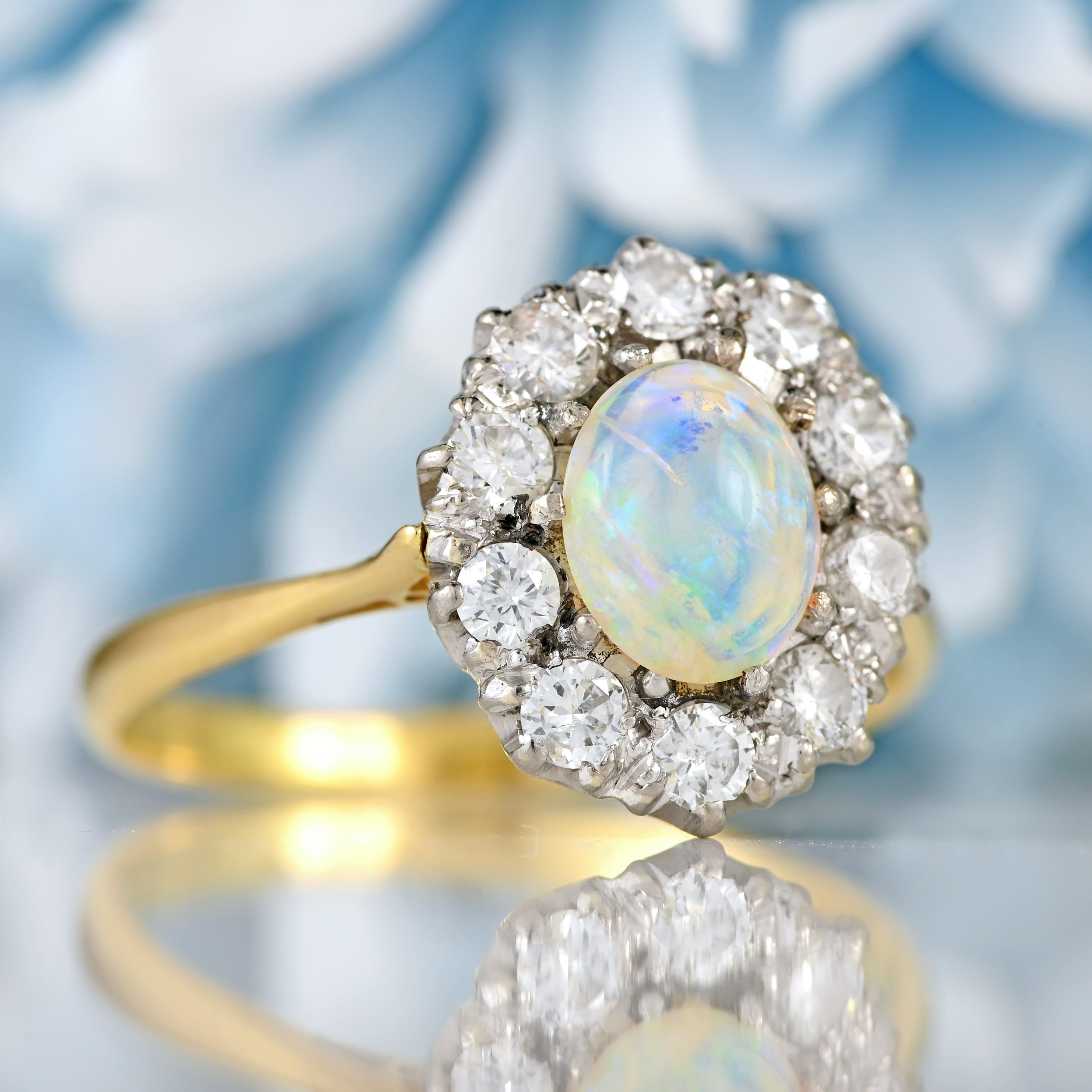 Ellibelle Jewellery Art Deco Opal & Diamond 18ct Gold Platinum Cluster Ring