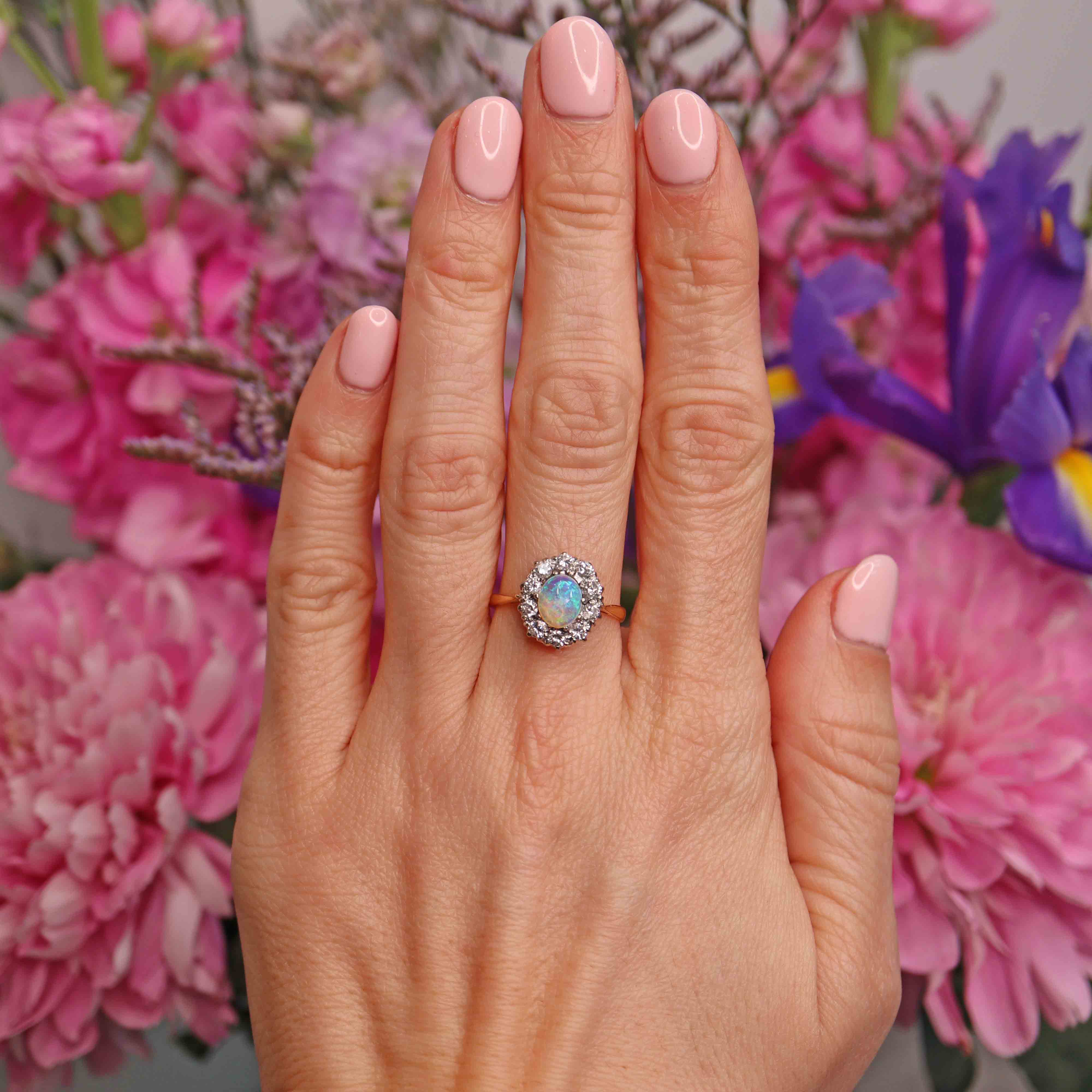 Ellibelle Jewellery Art Deco Opal & Diamond 18ct Gold Platinum Cluster Ring