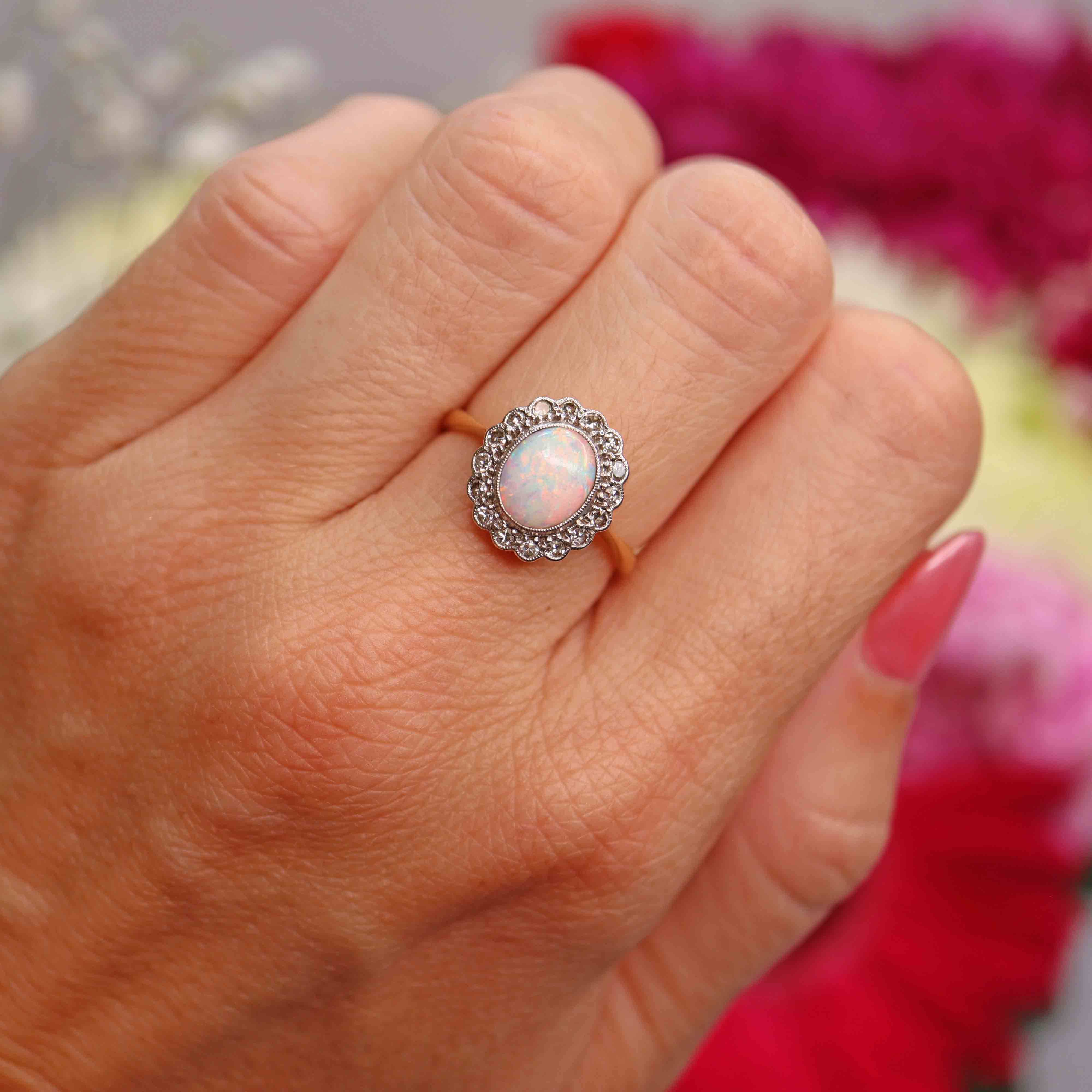 Ellibelle Jewellery Art Deco Opal & Diamond 18ct Gold Platinum Cluster Ring