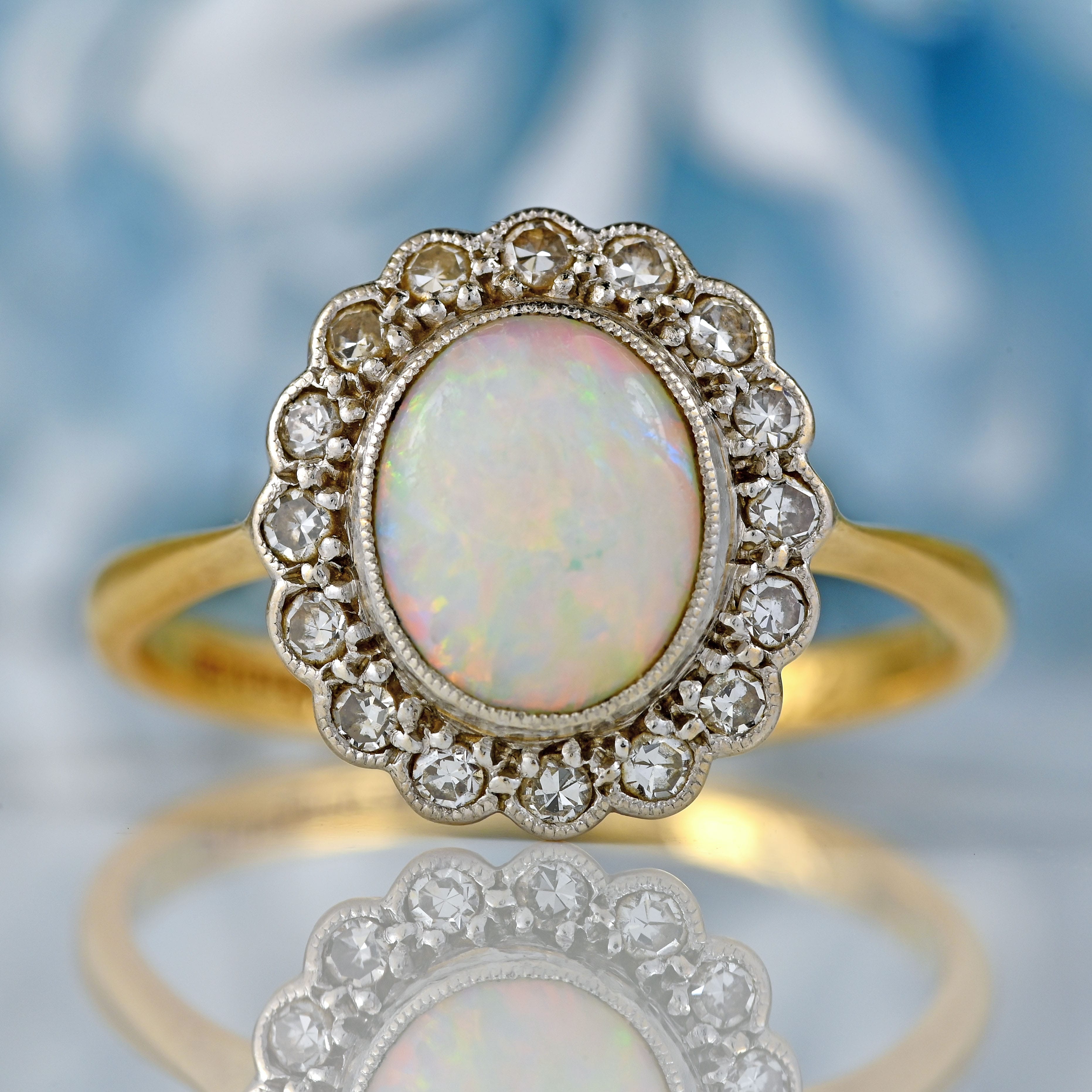 Ellibelle Jewellery Art Deco Opal & Diamond 18ct Gold Platinum Cluster Ring